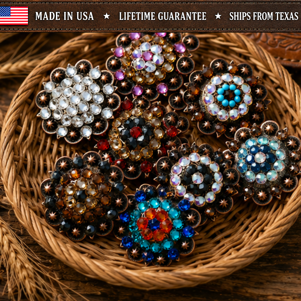 Handmade Crystal Copper Conchos - 500+ Colors - Texas Made - RODEO
