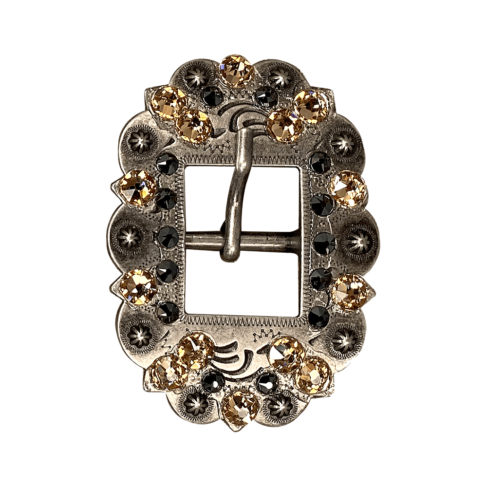 Champagne & Jet Antique Silver European Crystal Cart Buckle - RODEO DRIVE