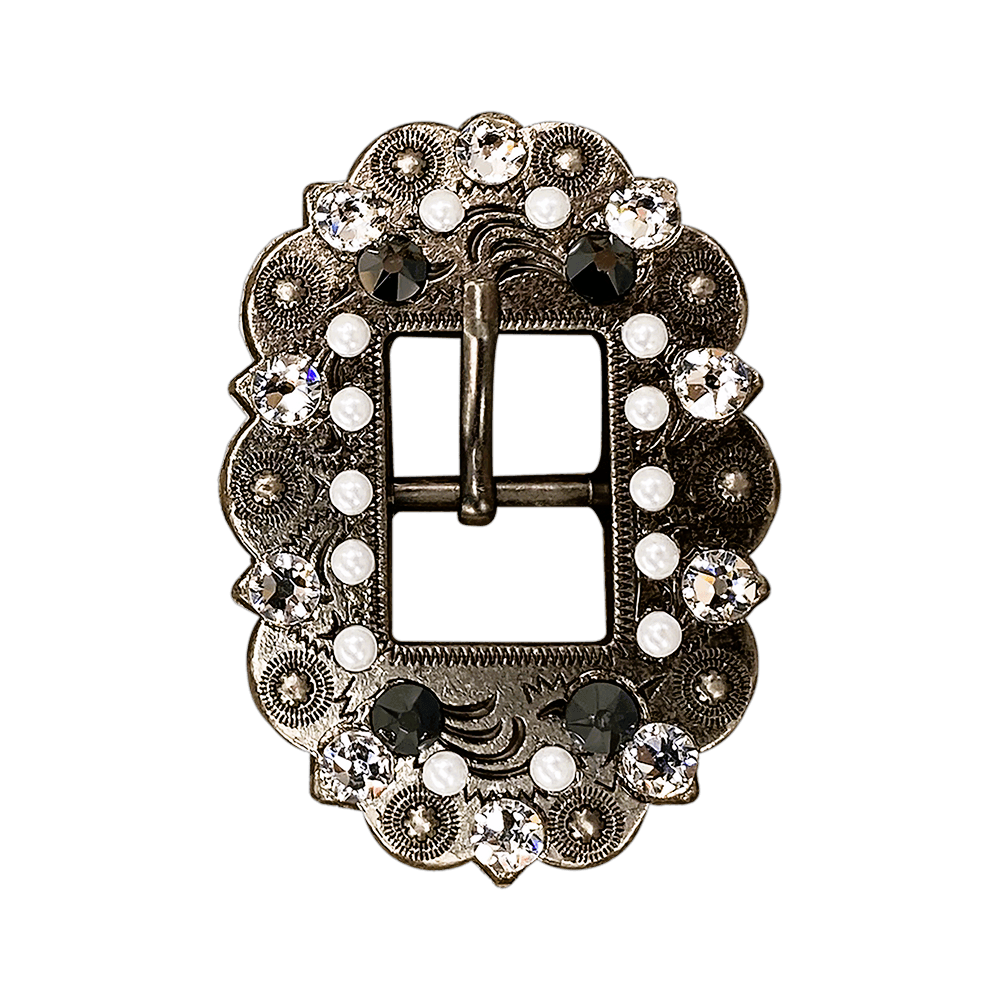 Jet, Pearl & Clear Antique Silver European Crystal Cart Buckle - RODEO DRIVE