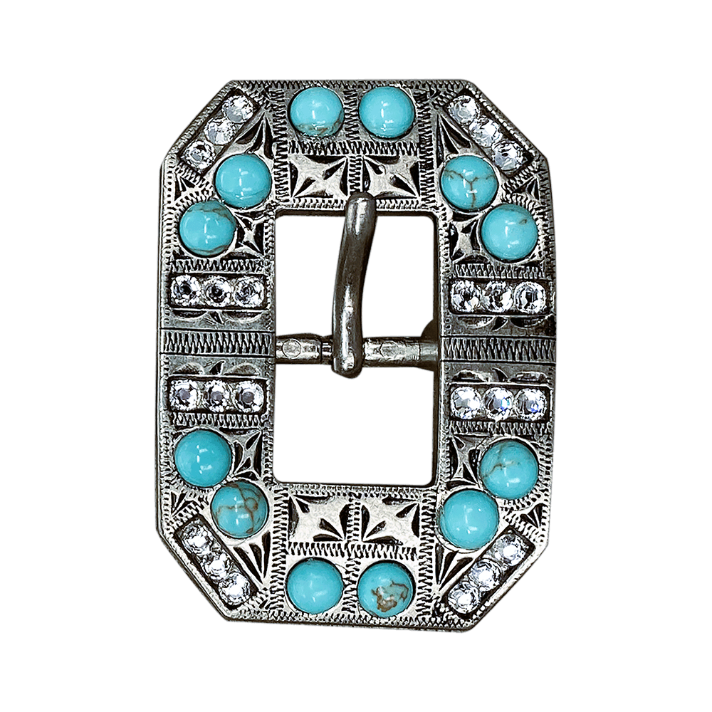 Fashion Turquoise & Clear Antique Silver European Crystal Square Cart Buckle - RODEO DRIVE