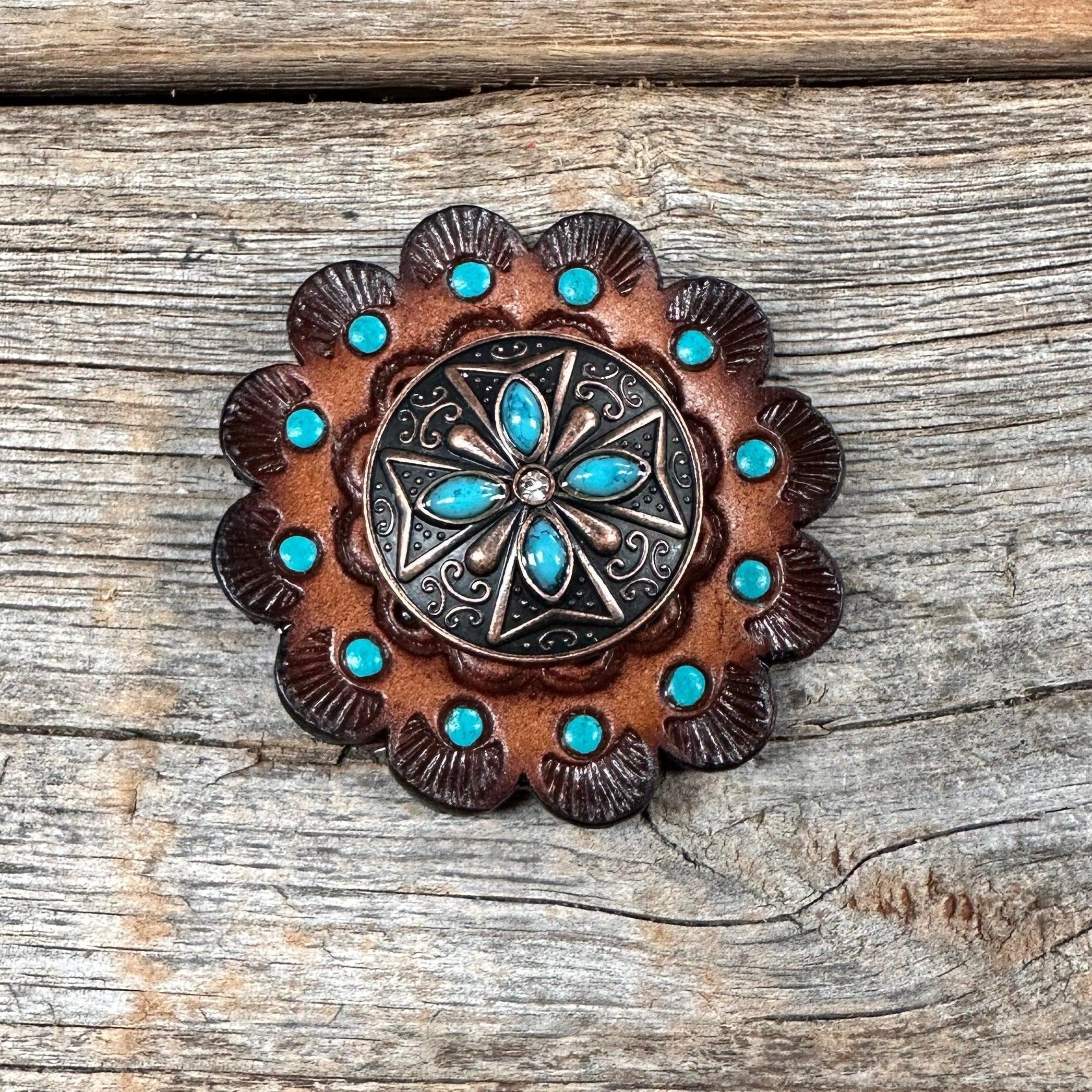 Leather Rosette Dark Oil Edges with Copper Turquoise Western Concho R112W138S - RODEO DRIVE