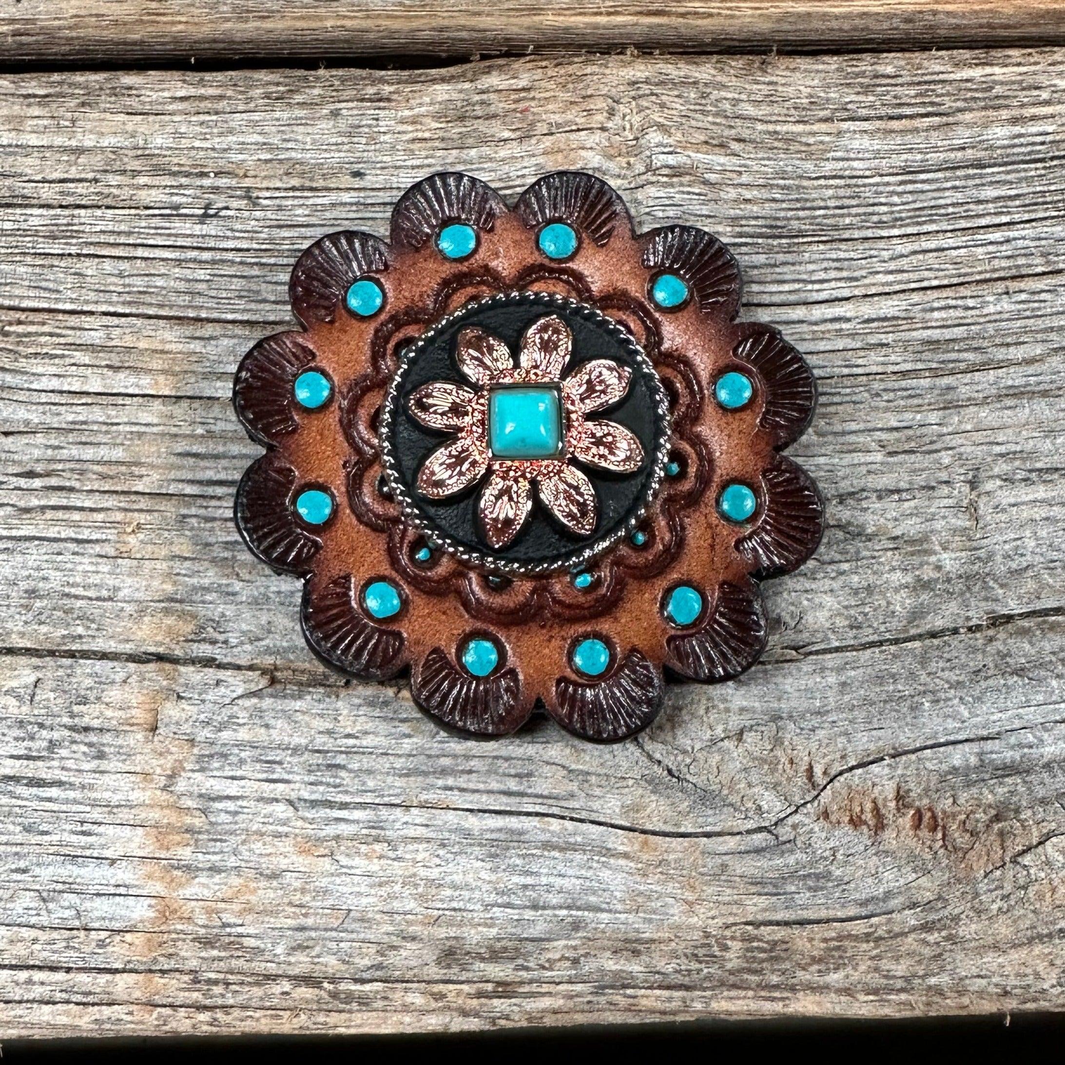 Leather Rosette Dark Oil Edges with Sunflower Western Concho R112W188S - RODEO DRIVE