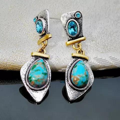 Turquoise and Aqua Dangle Silver Fashion Earrings WA105 - RODEO DRIVE