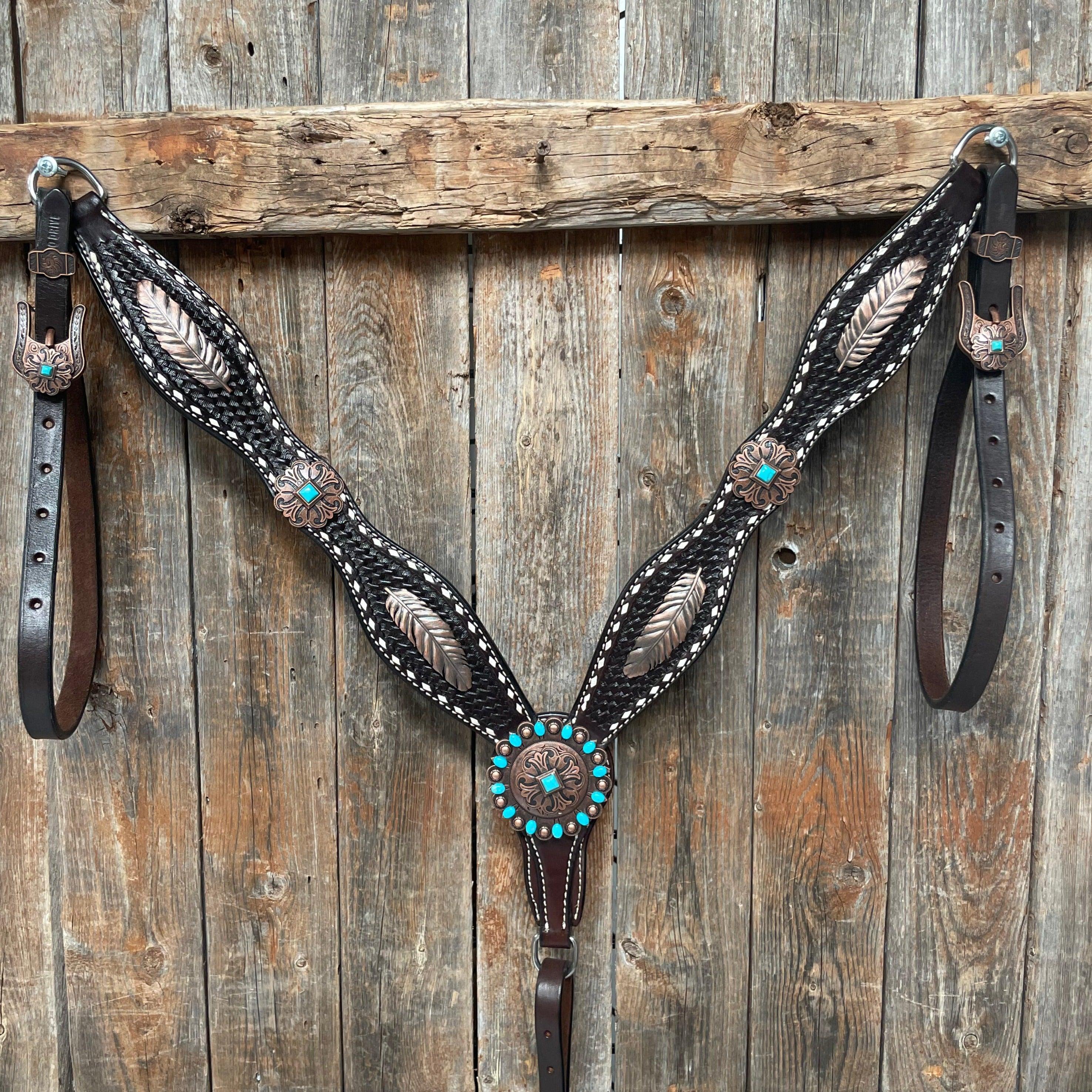 Dark Oil Buckstitch Copper and Turquoise Browband / One Ear / Breastco