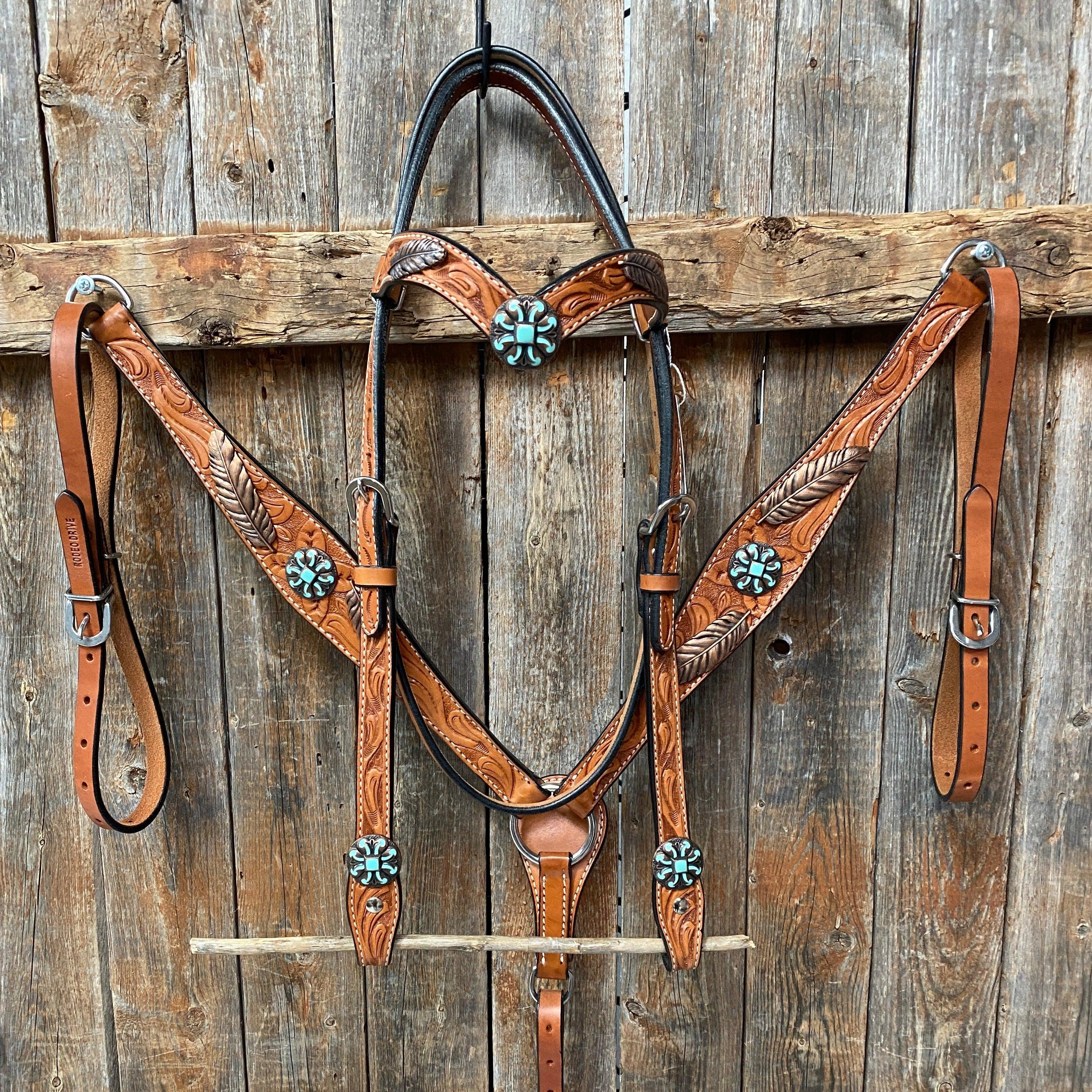 Light Oil V Brow Turquoise and Copper Browband & Breastcollar Tack Set #BBBC443 - RODEO DRIVE
