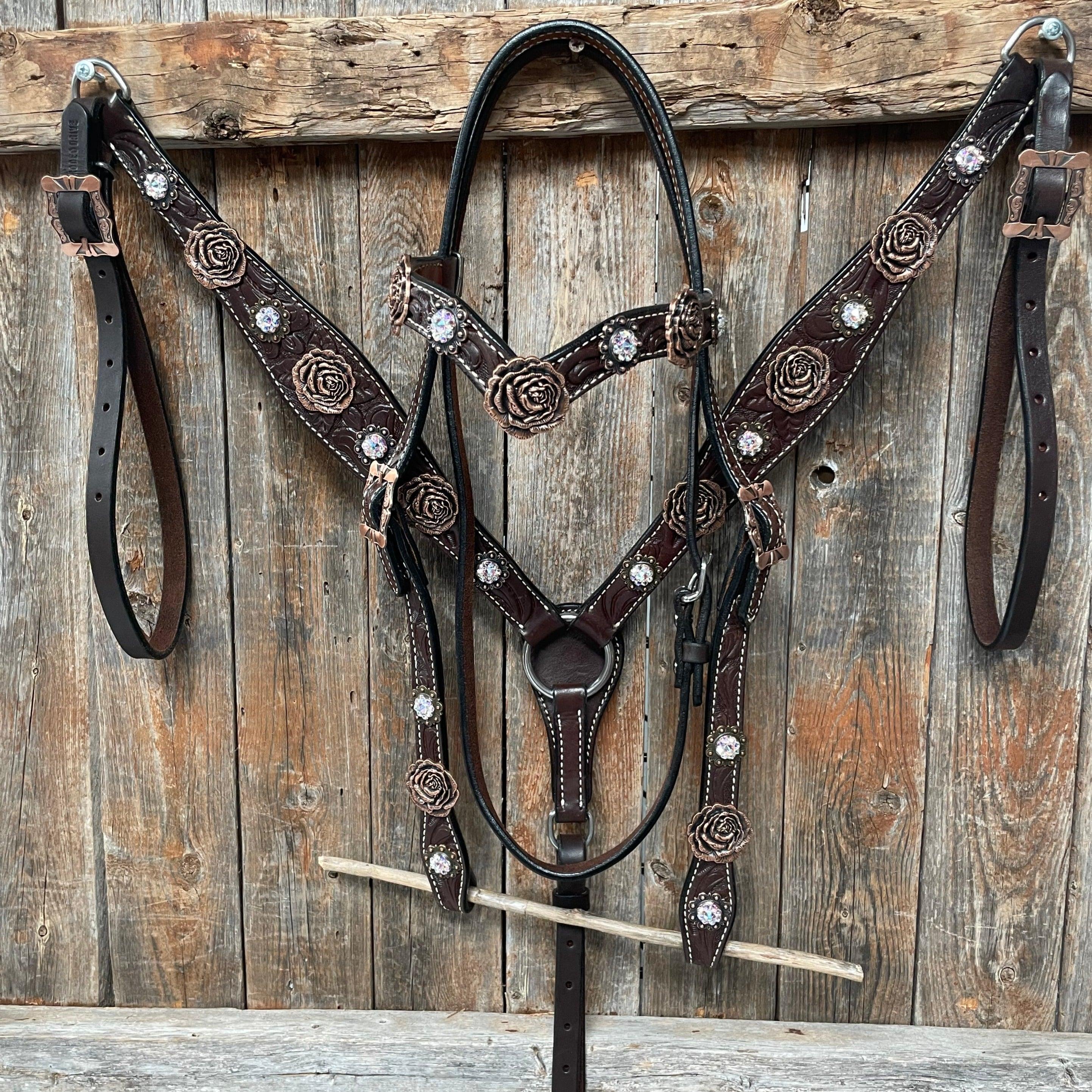 Dark Oil Floral Tooled Roses Browband & Breastcollar Tack Set #BBBC487 - RODEO DRIVE