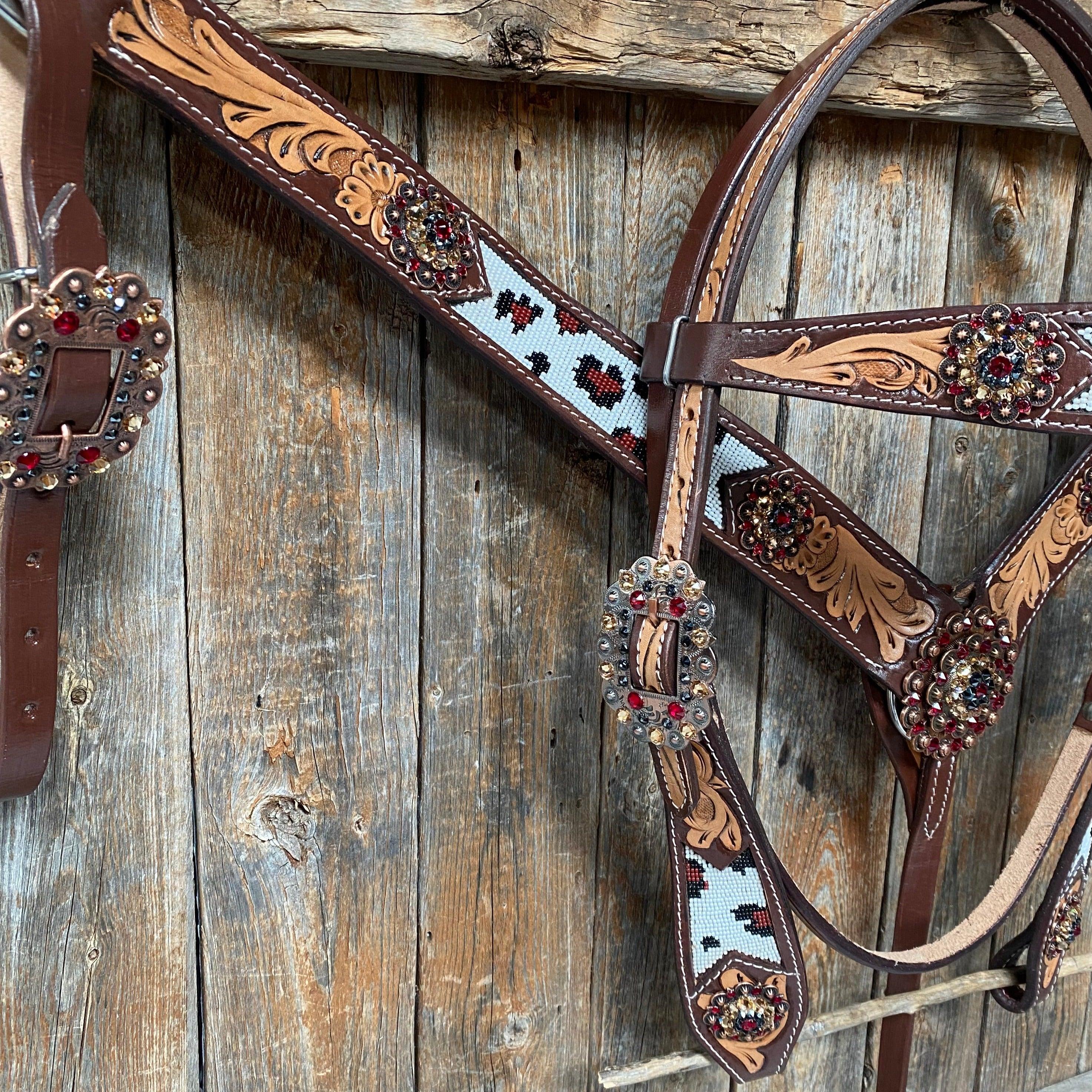 Leopard Print Beaded Ruby/Jet/Champagne Headstall & Breastcollar #BBBC504 - RODEO DRIVE
