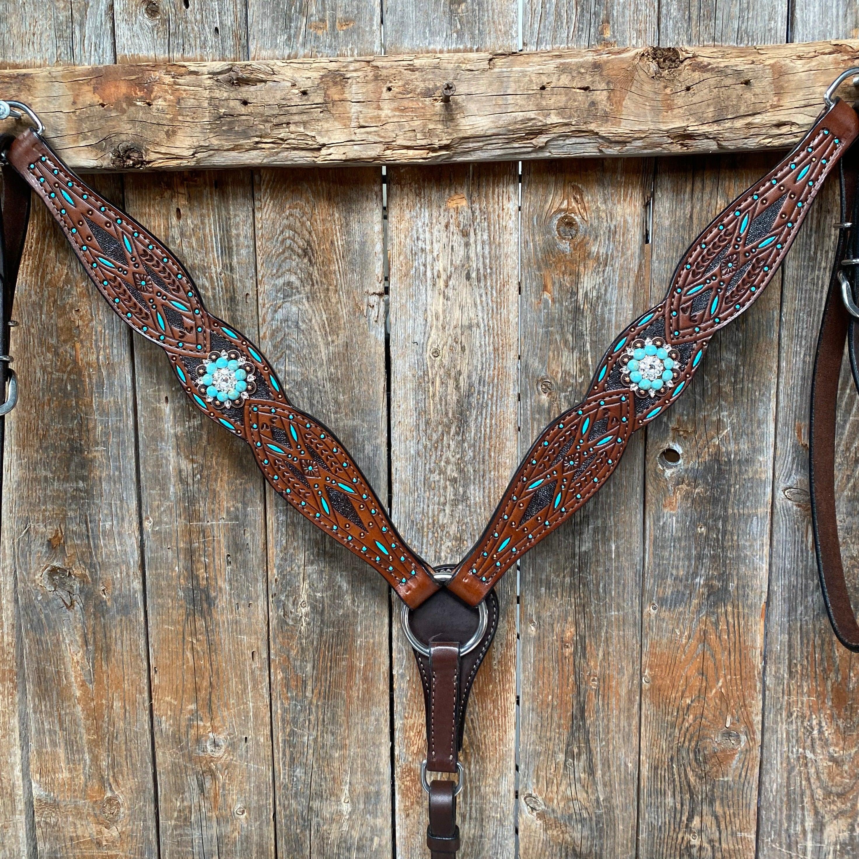Hand Painted Two Tone Clear/Turquoise Browband / One Ear / Breastcollar #BBBC507 - RODEO DRIVE