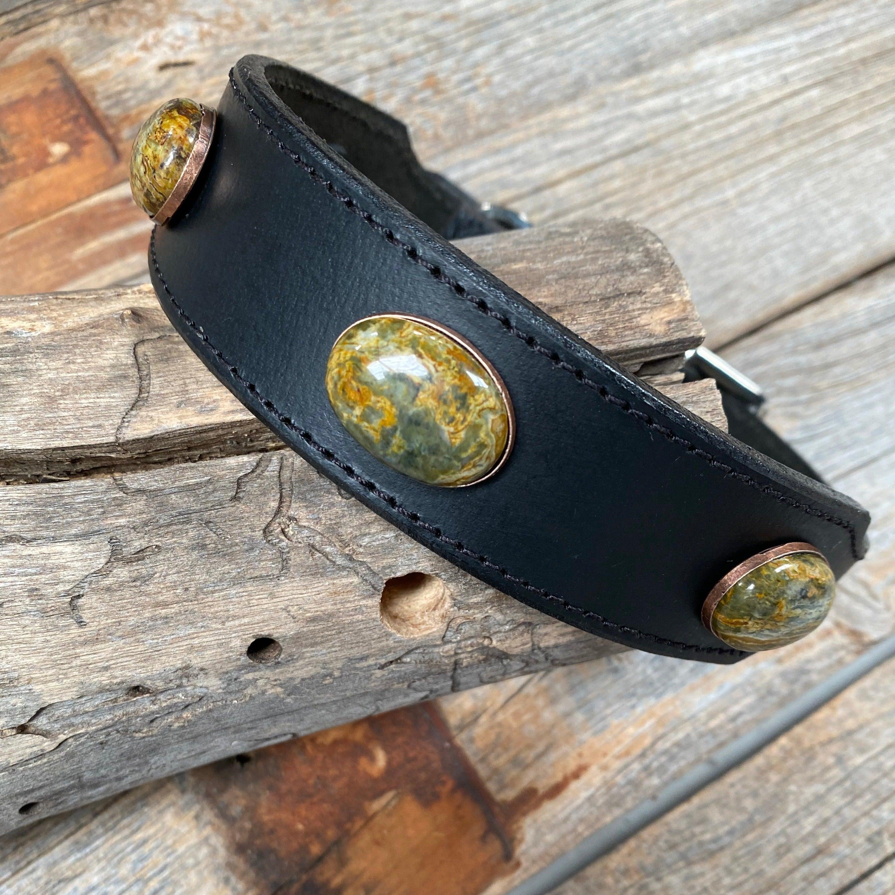 DC17- Black Leather Dog Collar Sage Cabochon - RODEO DRIVE