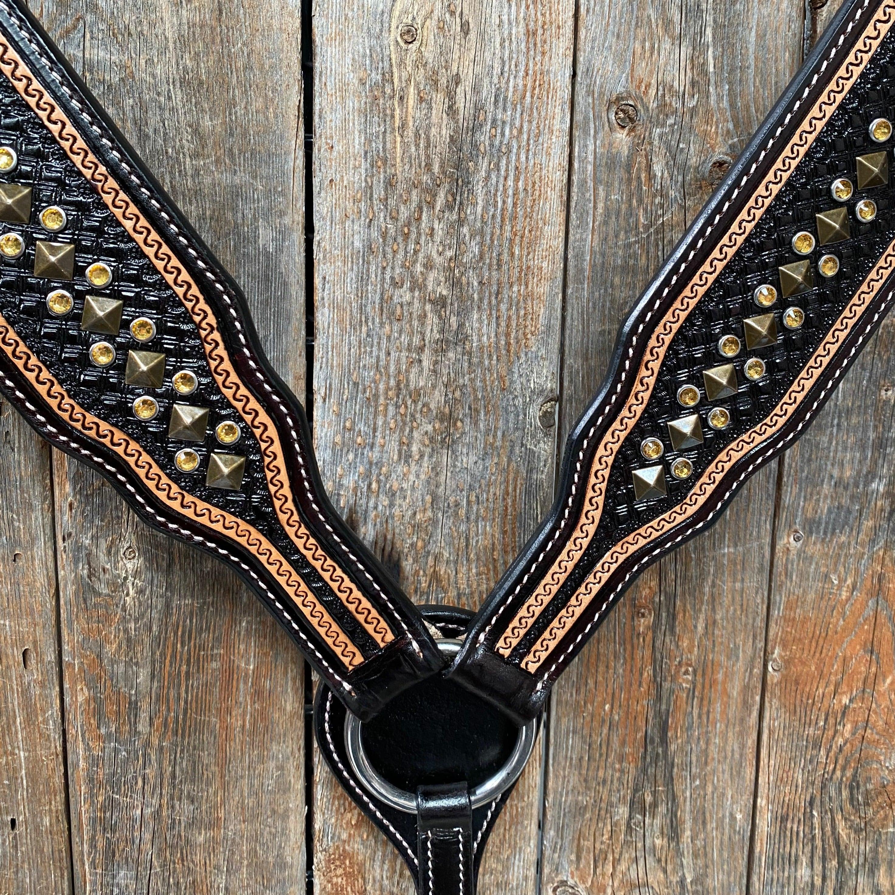 Two Tone Leather - Brass Studded Breastcollar #FK118 - RODEO DRIVE