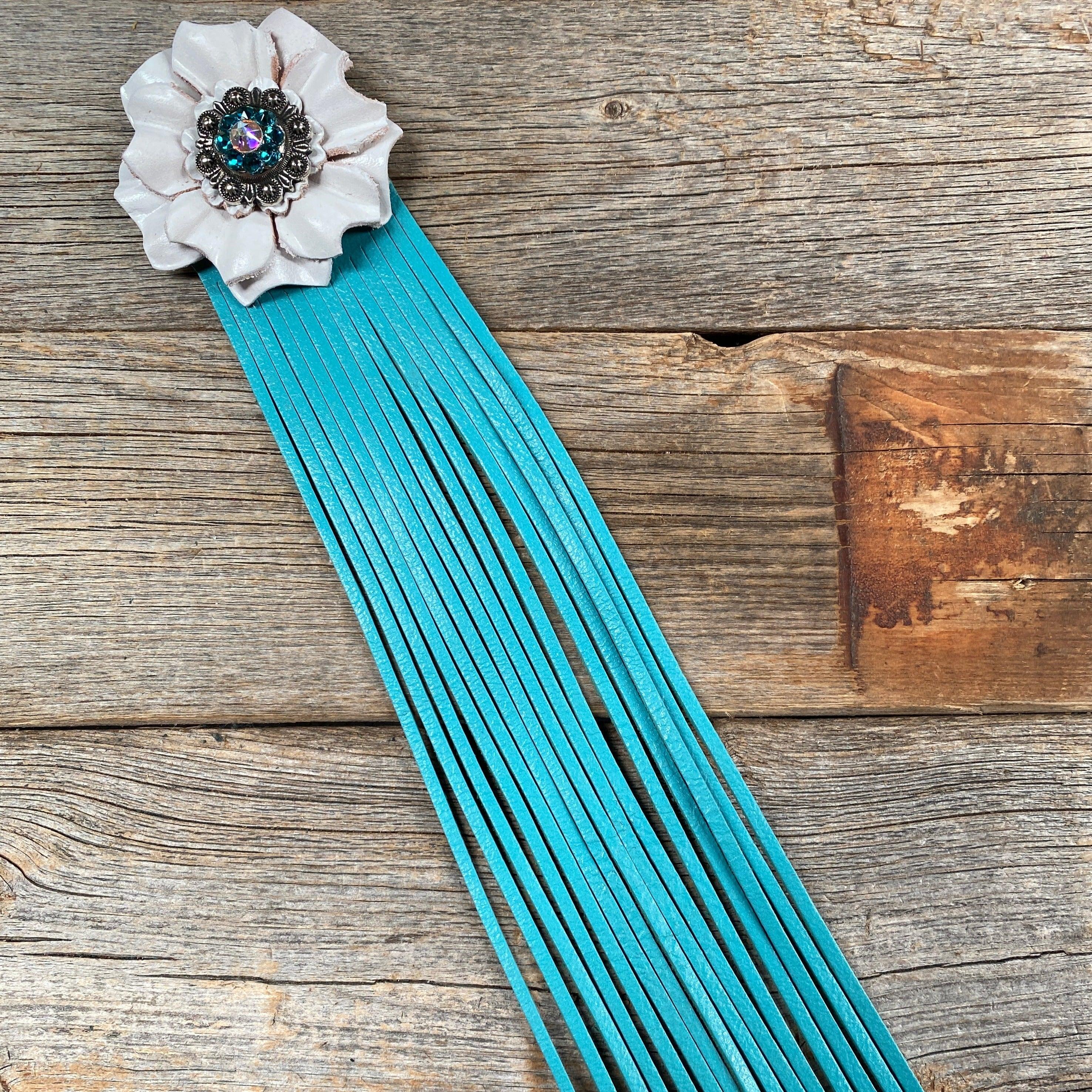 Leather White Carnation with Turquoise Fringe - RODEO DRIVE