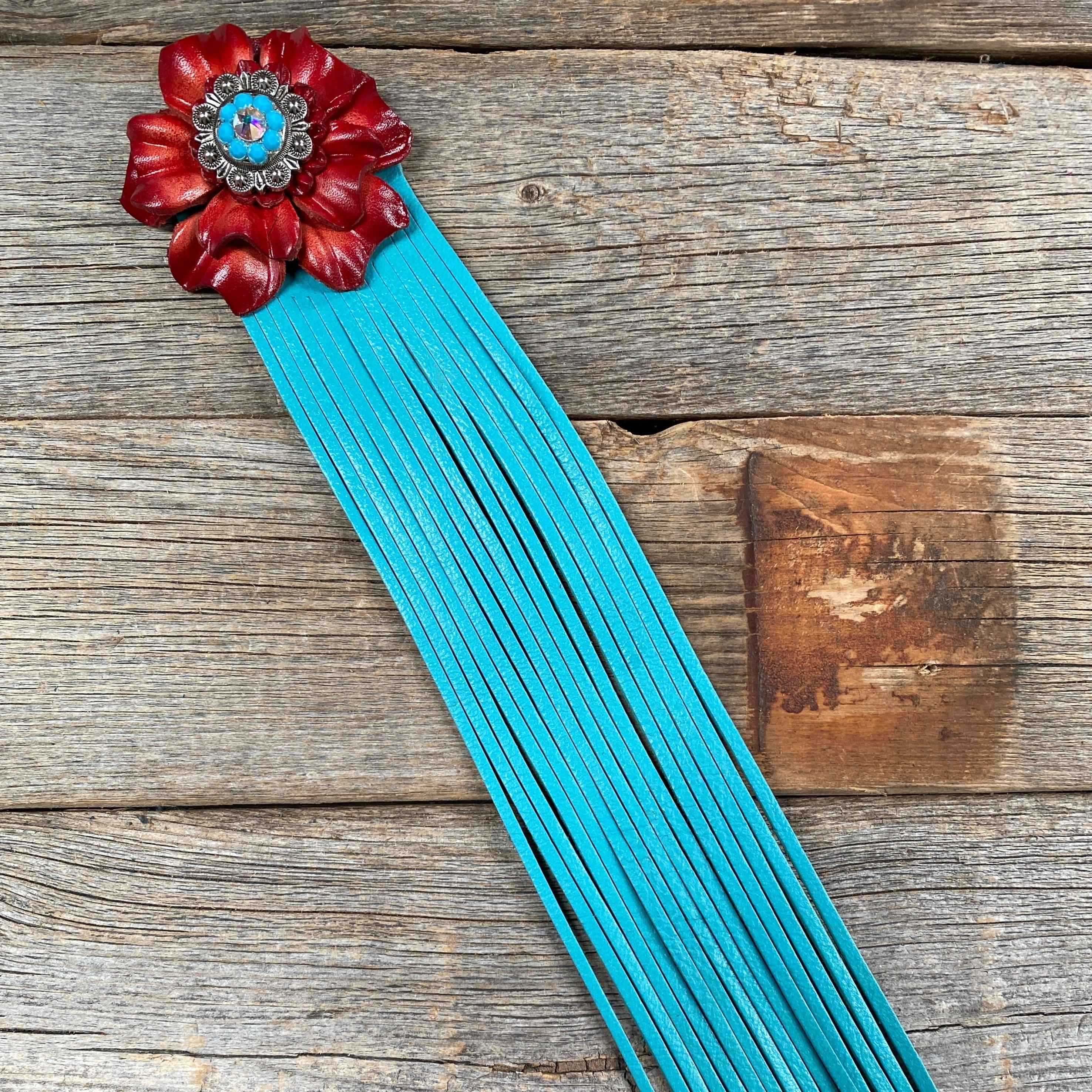 Leather Red Carnation with Turquoise Fringe - RODEO DRIVE