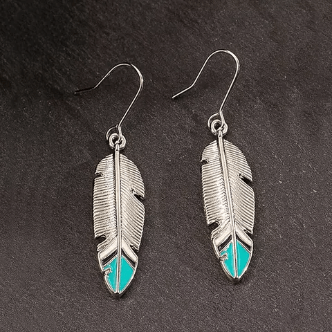 Turquoise Feather Dangle Silver Fashion Earrings WA178 - RODEO DRIVE