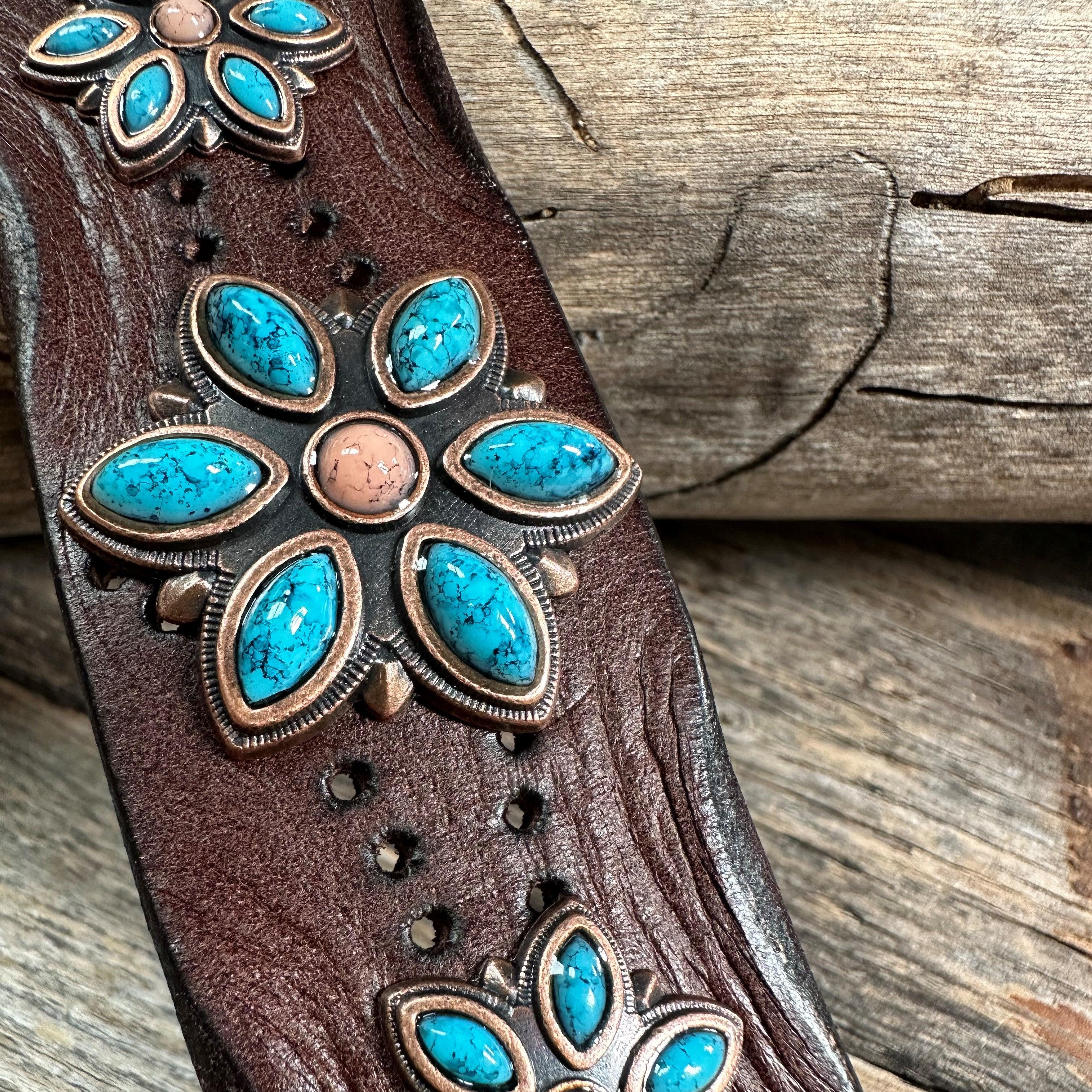 Turquoise Flower Leather Bracelet LB102 - RODEO DRIVE