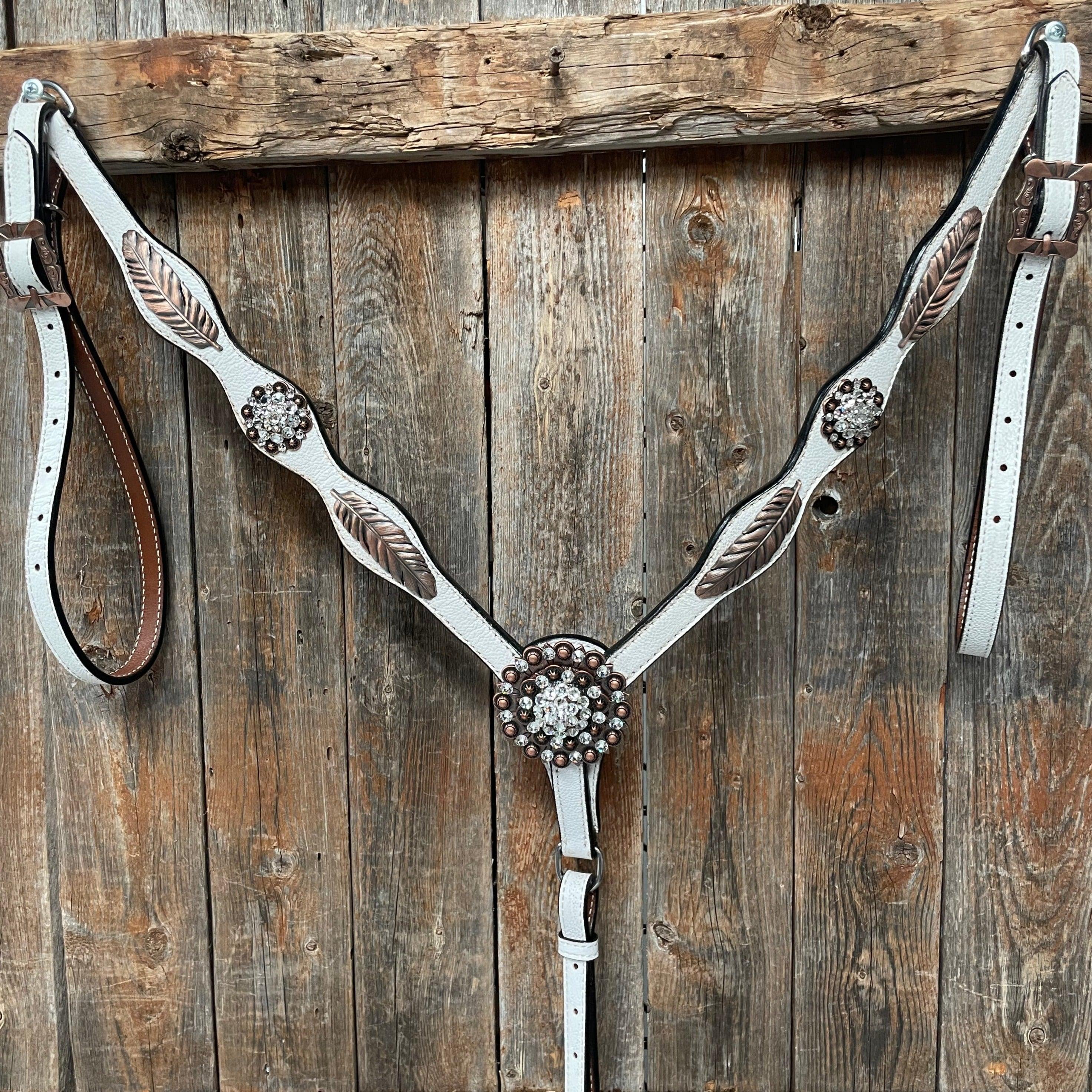 White Leather Copper Clear and Feather Browband/One Ear Tack Set #OEBC482 - RODEO DRIVE