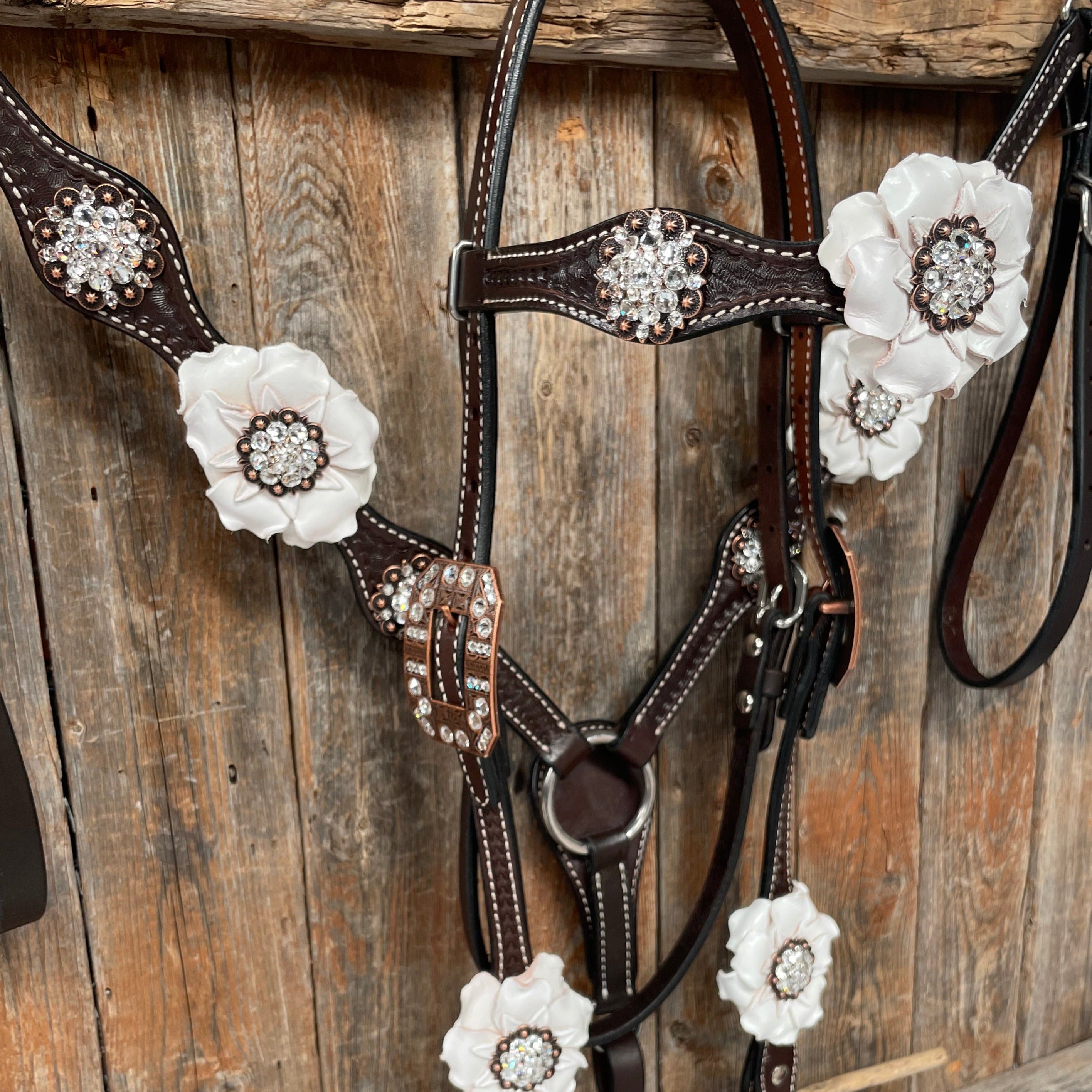 Dark Oil Basketweave White Browband/One Ear Tack Set with Witherstrap #BBBC453 - RODEO DRIVE