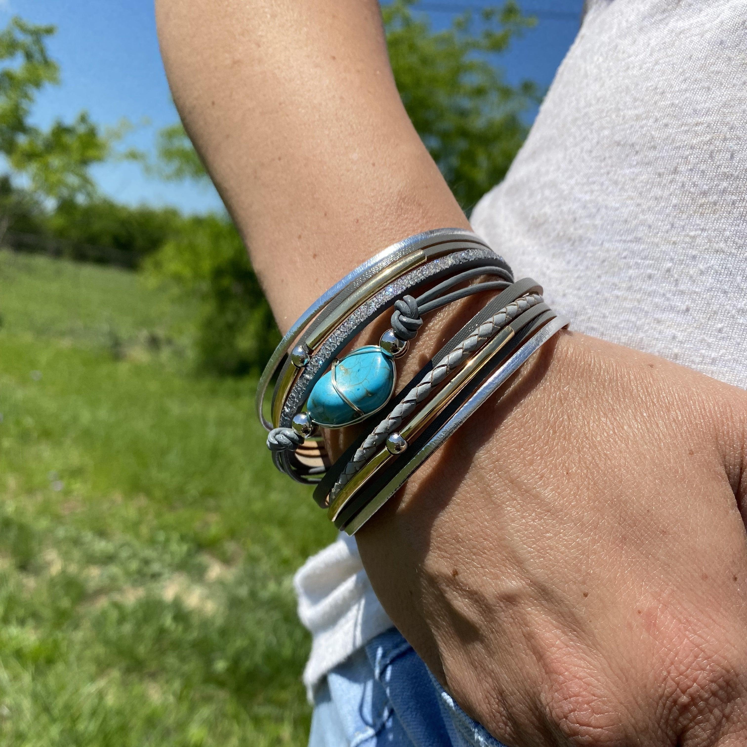 Grey Leather and Turquoise Stone Fashion Bracelet XI117 - RODEO DRIVE