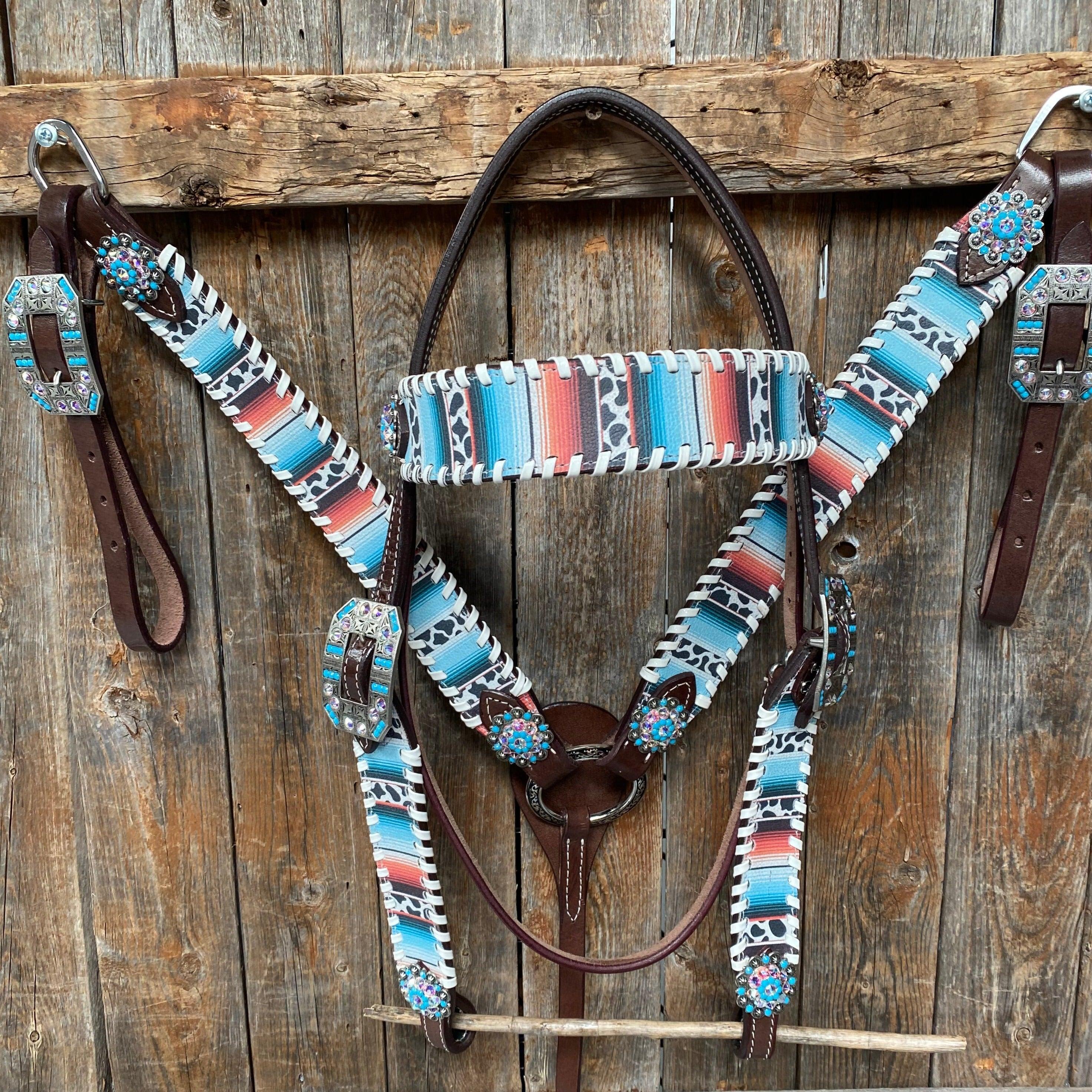 Cow Stripe Print Turquoise Headstall & Breastcollar #BBBC500 - RODEO DRIVE