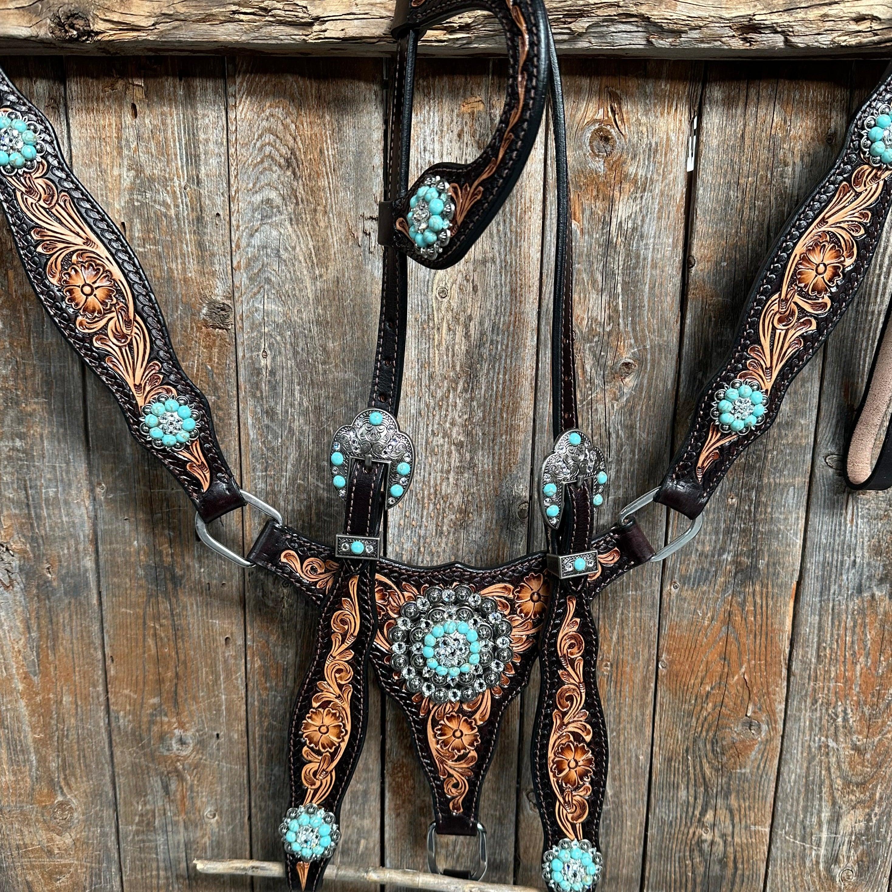 Two Tone Floral Triangle Turquoise and Clear One Ear / Breastcollar #OEBC509 - RODEO DRIVE