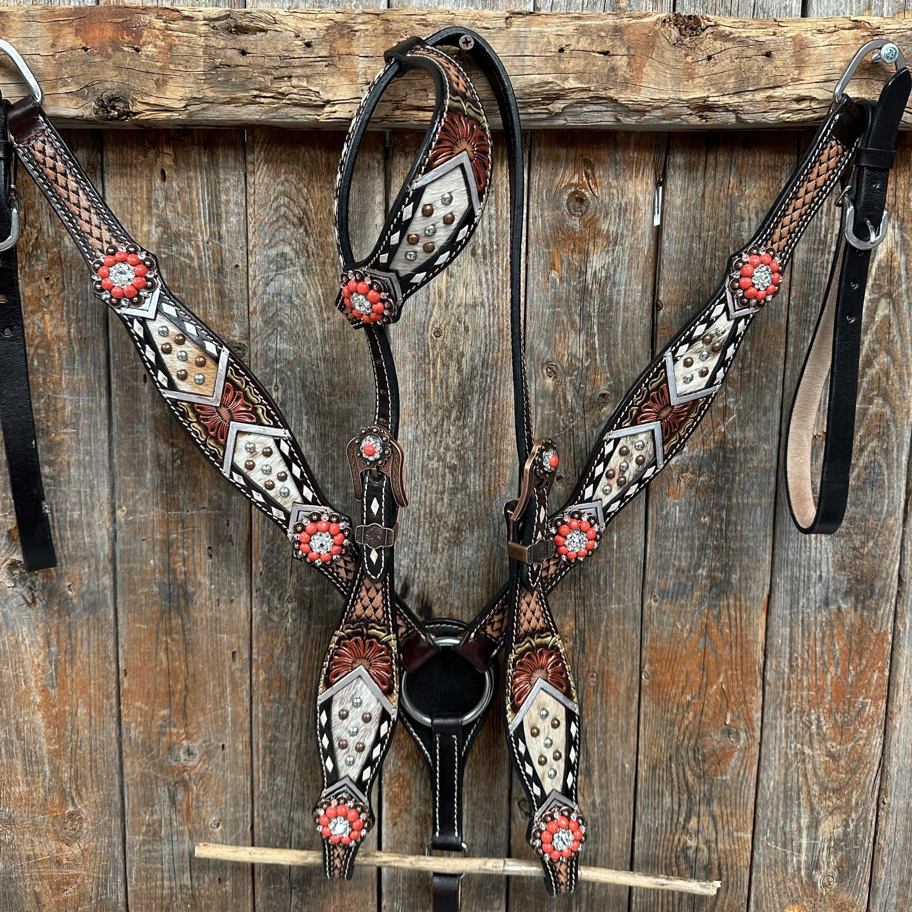 Cowhide Coral and Clear One Ear/ Breastcollar #OEBC513 - RODEO DRIVE