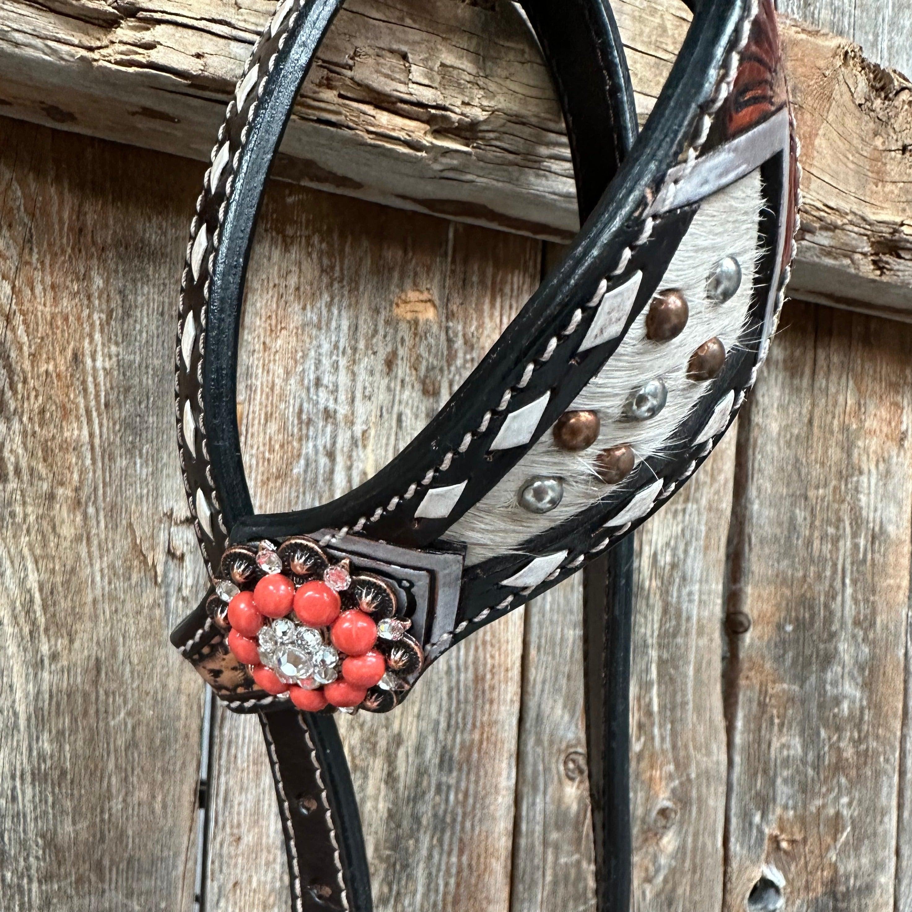 Cowhide Coral and Clear One Ear/ Breastcollar #OEBC513 - RODEO DRIVE