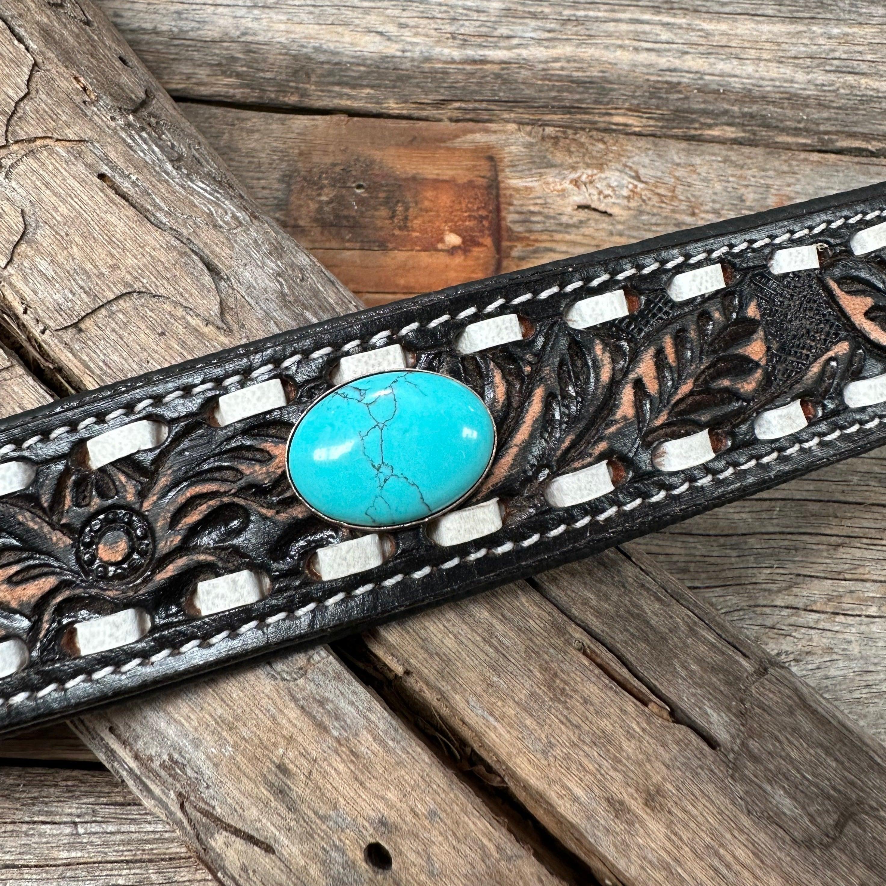 DC16- Buckstitch Leather Dog Collar SM-XL Turquoise Cabochon - RODEO DRIVE