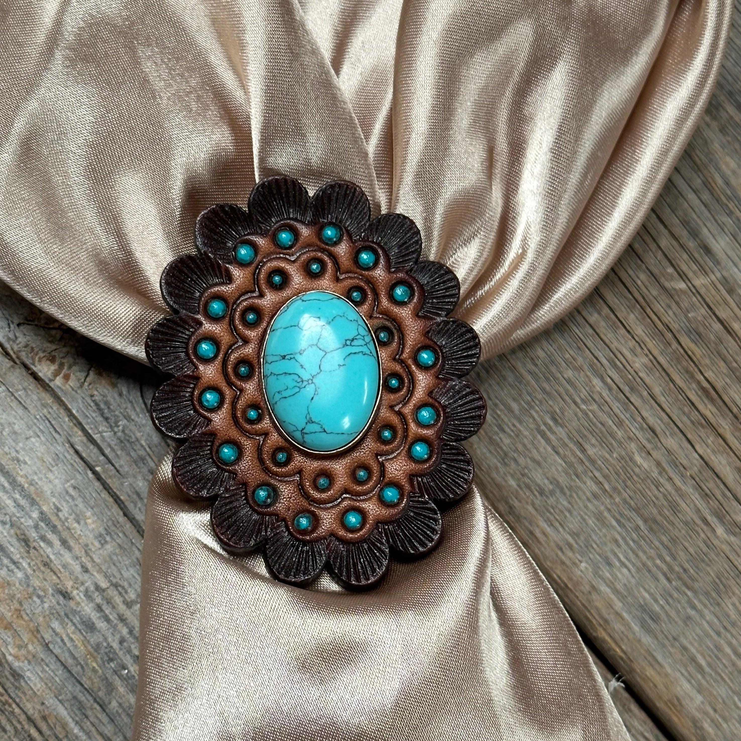 Leather Rosette with Turquoise Cabochon Wild Rag Slide #WRSR104TQ - RODEO DRIVE