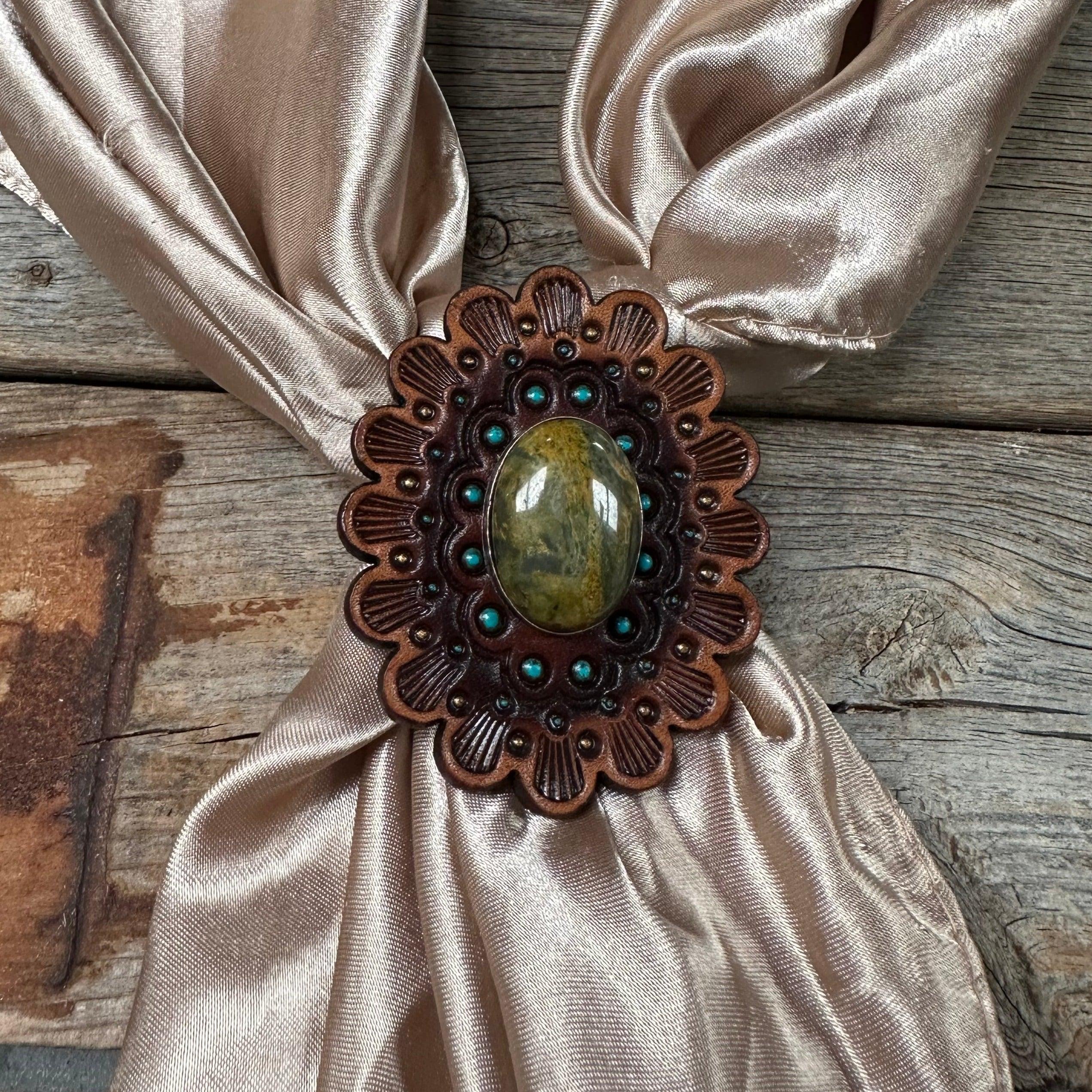 Leather Rosette with Sage Cabochon Wild Rag Slide #WRSR107SG - RODEO DRIVE