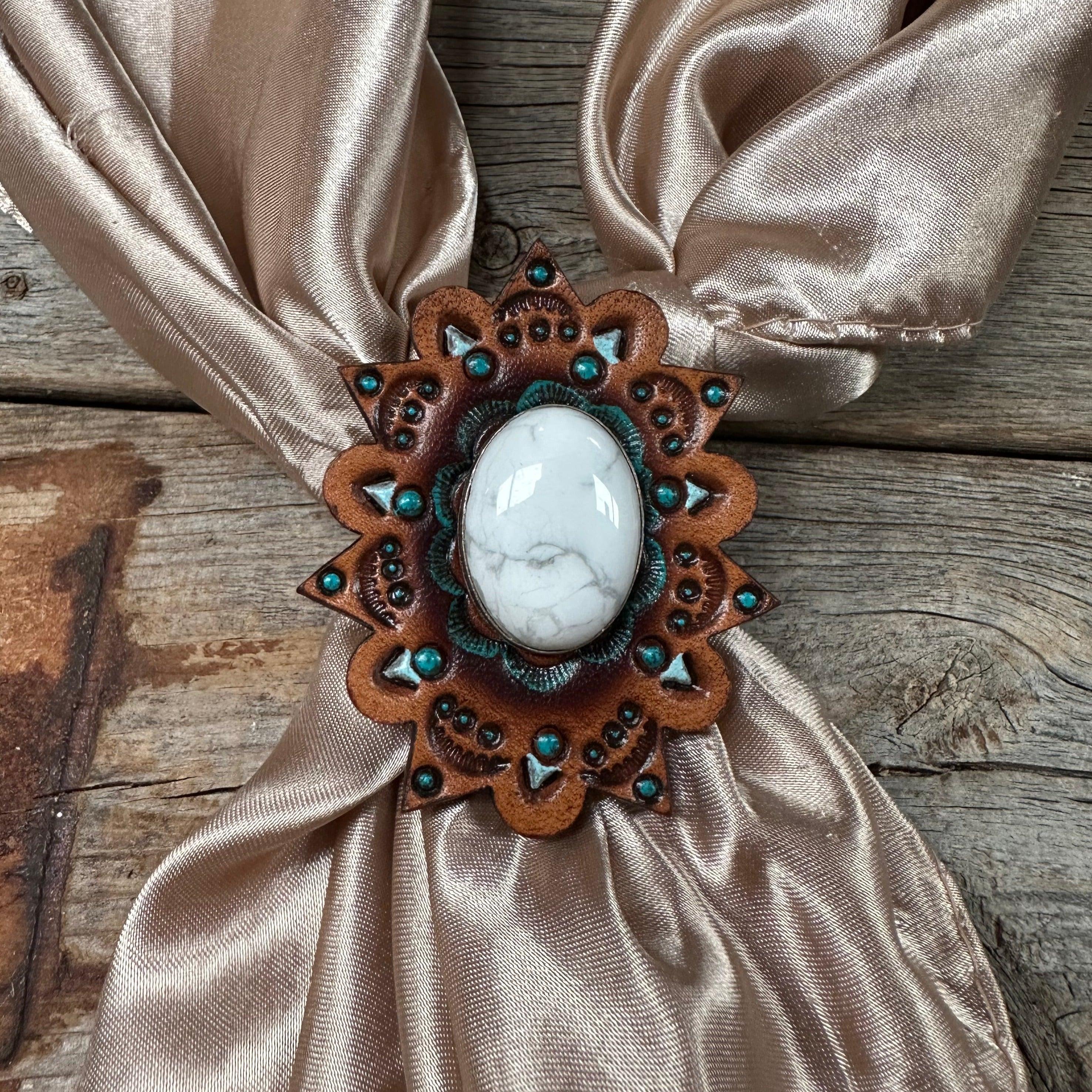 Leather Rosette with White Cabochon Wild Rag Slide #WRSR110WT - RODEO DRIVE