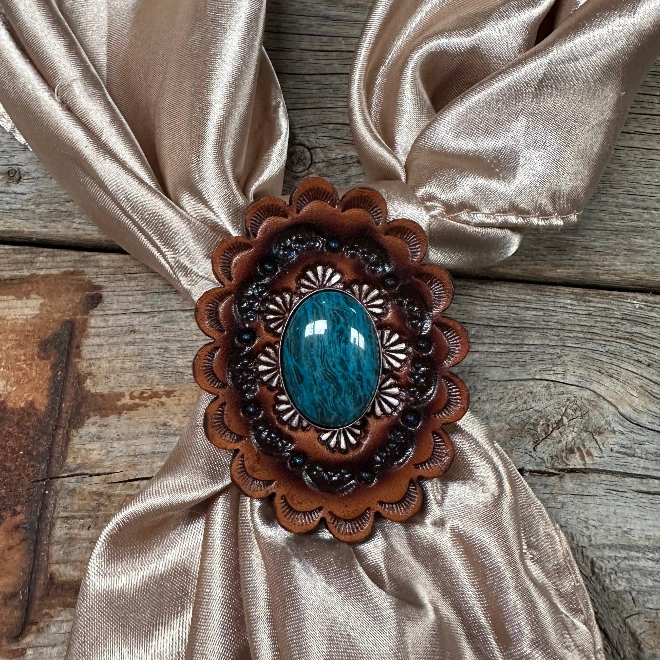 Leather Rosette with Blue Cabochon Wild Rag Slide #WRSR102BL - RODEO DRIVE