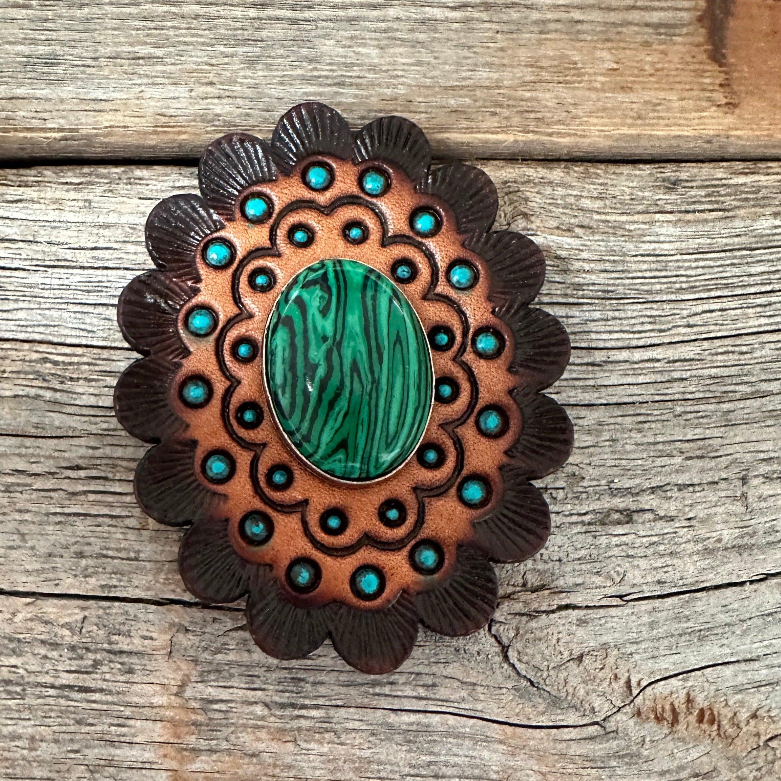 Leather Rosette Dark Oil Edges with Green Cabochon Western Concho R104CABGR - RODEO DRIVE