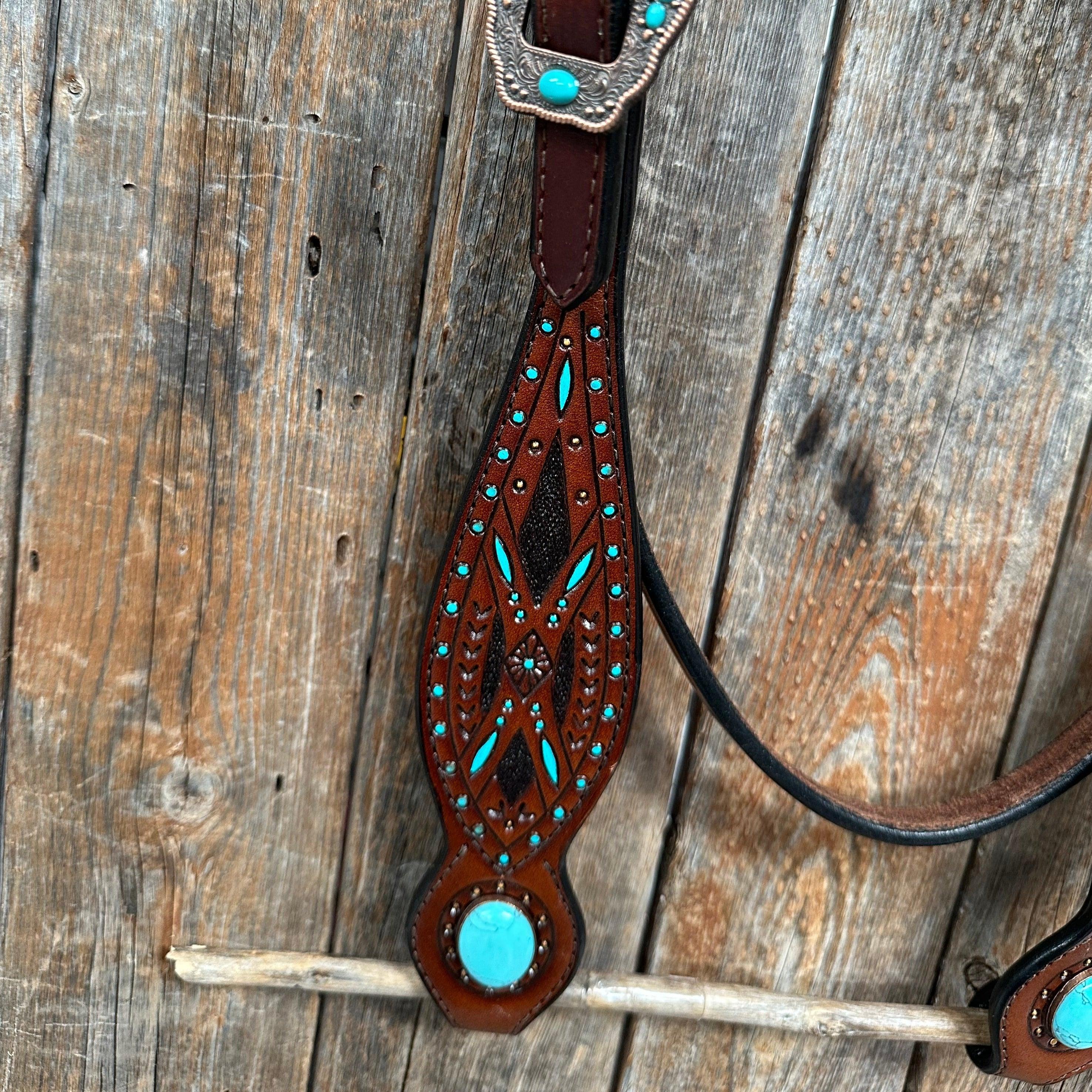 Dark Oil Hand Painted Turquoise Browband/ Breastcollar #BBBC524 - RODEO DRIVE
