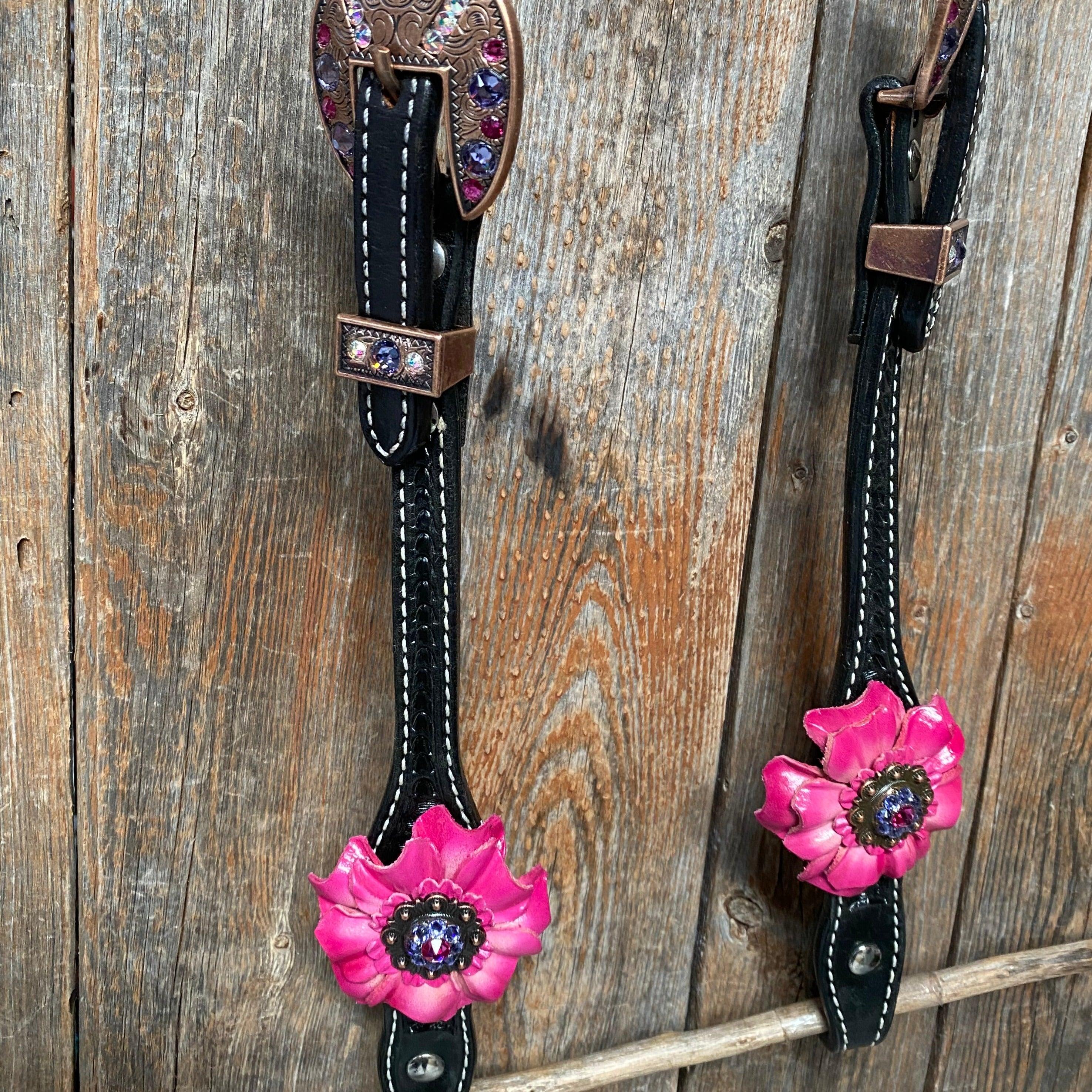 Black Basketweave Pink and Purple Browband/One Ear Tack Set #BBBC407 - RODEO DRIVE