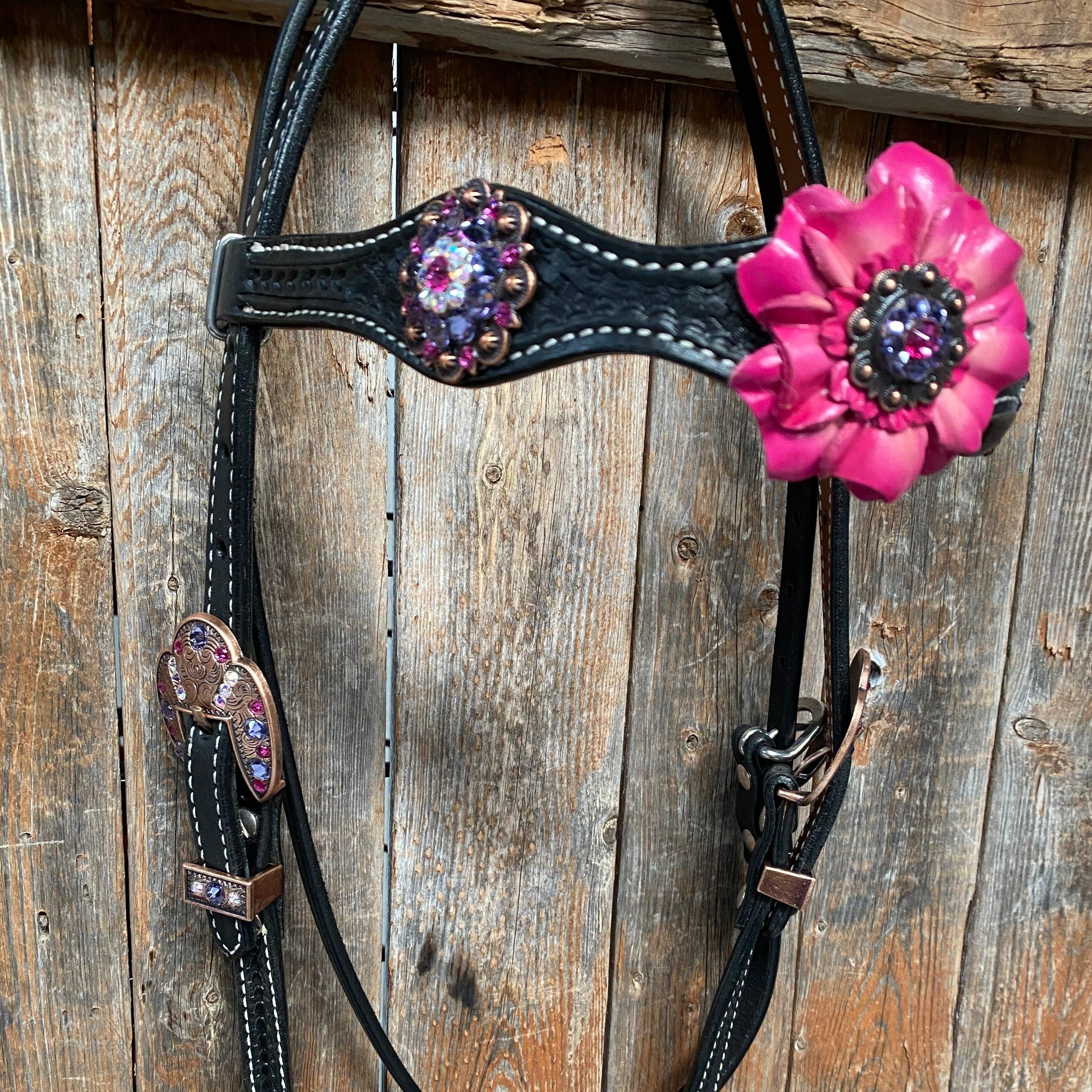Black Basketweave Pink and Purple Browband/One Ear Tack Set #BBBC407 - RODEO DRIVE