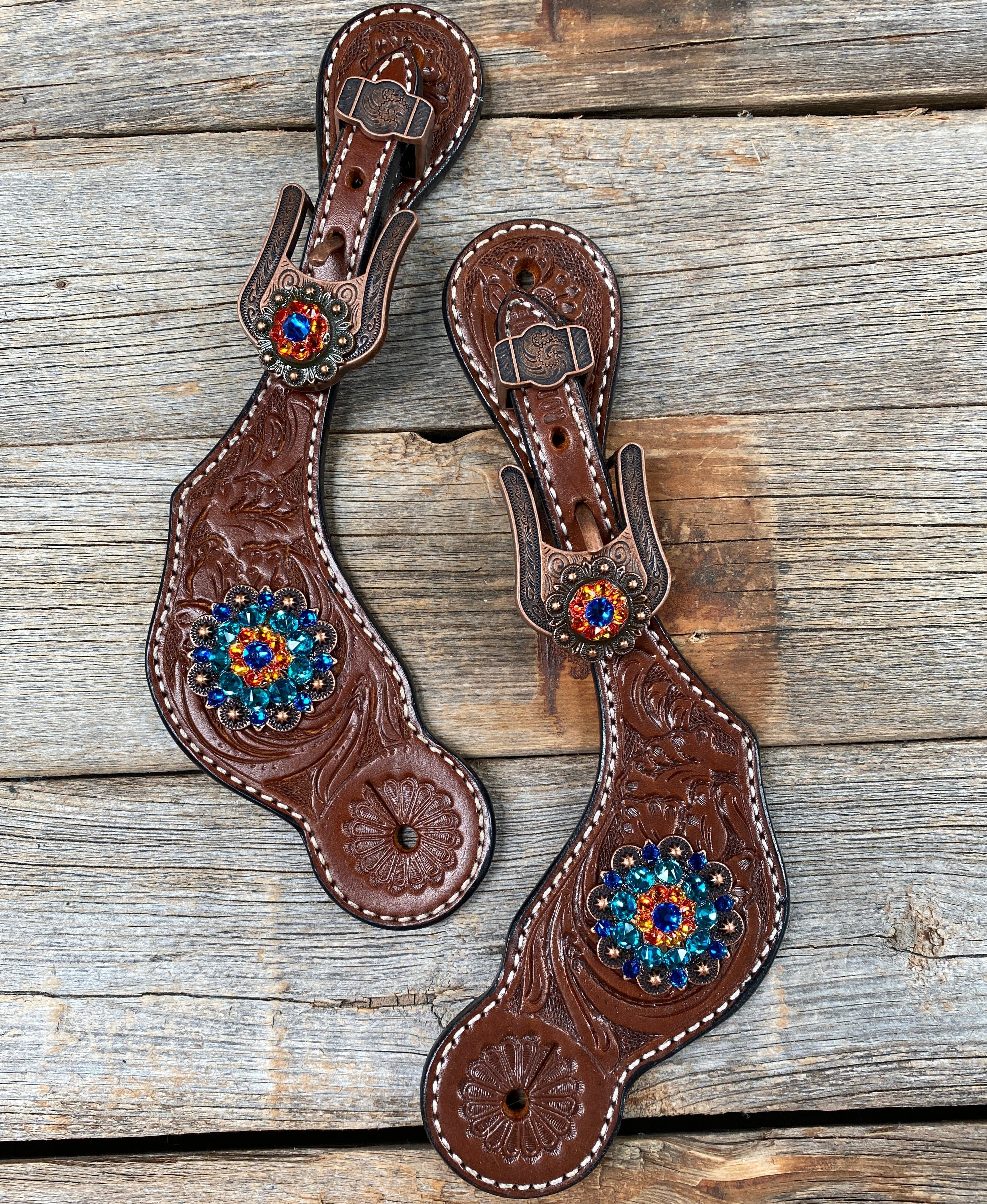 Medium Floral Spur Straps - Copper Crystal Conchos #SS110 - RODEO DRIVE