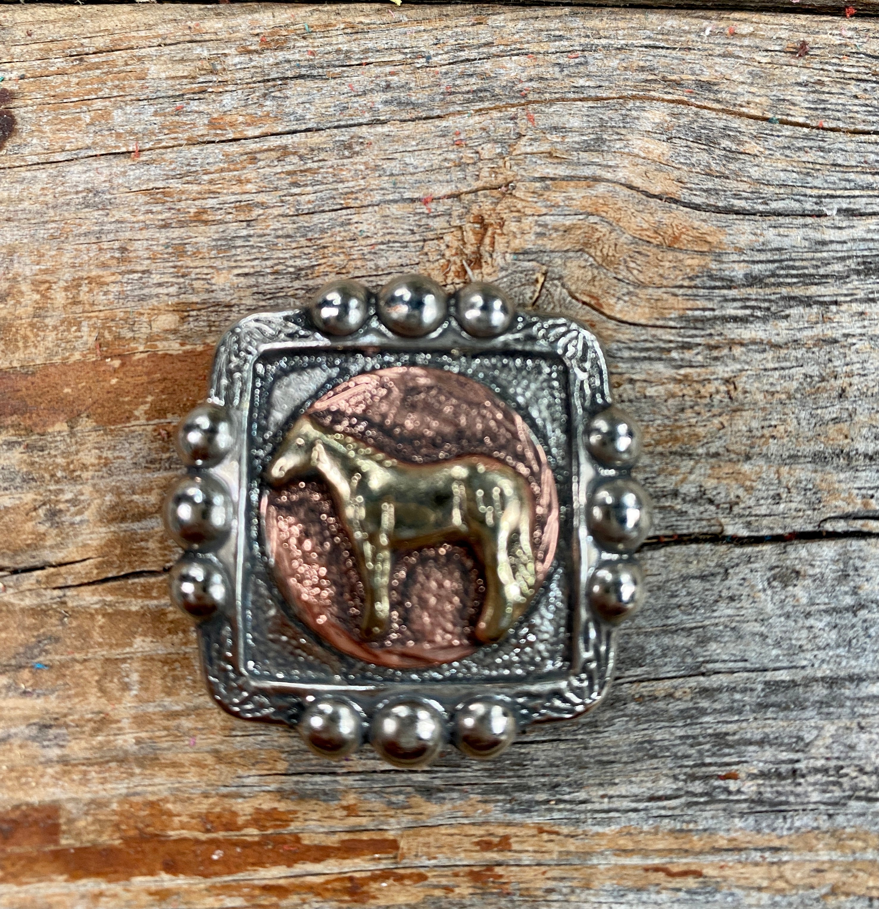 Antique Silver Square Concho with Gold Horse 1