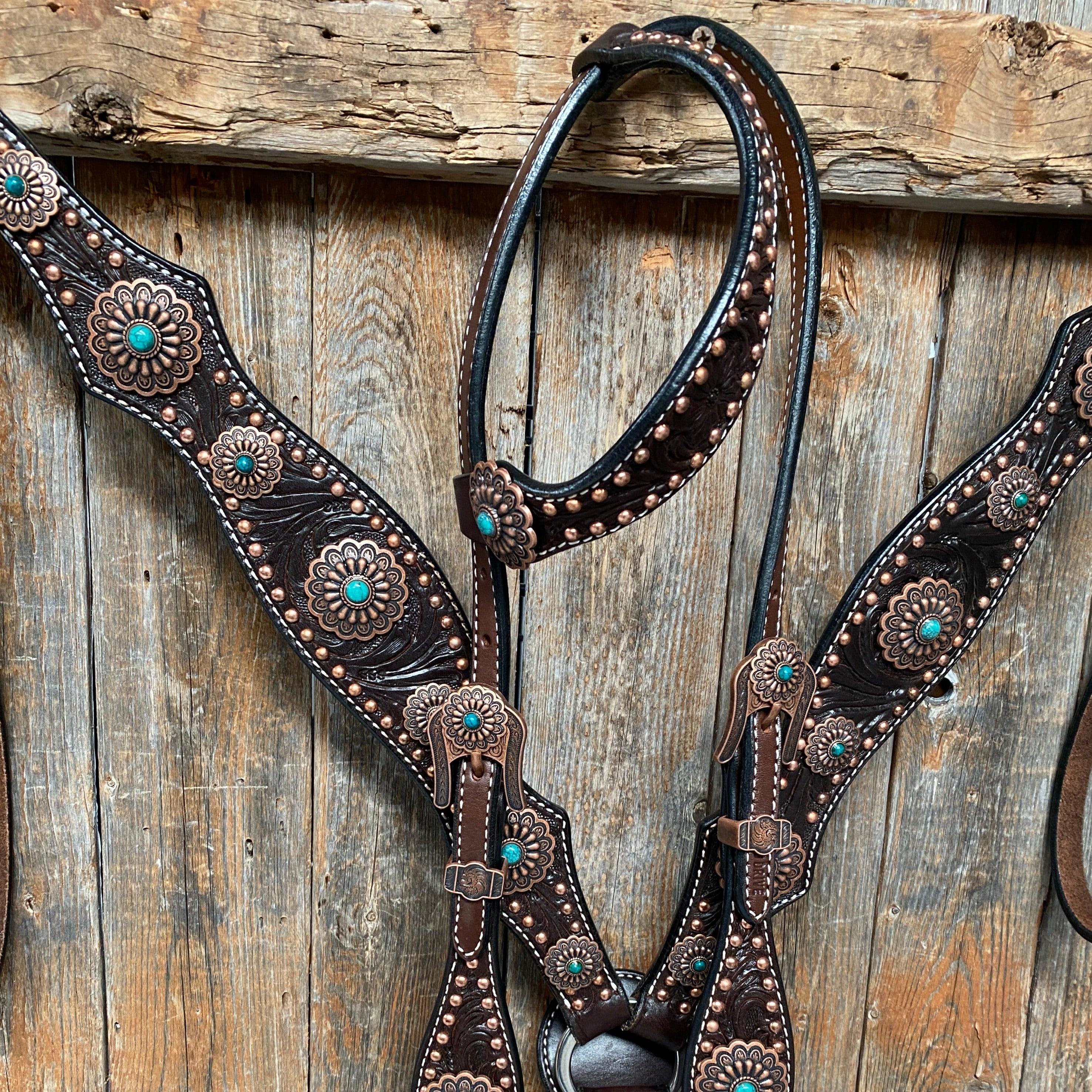 Dark Oil Copper Dot Floral with Turquoise Browband/One Ear Tack Set #BBBC476 - RODEO DRIVE