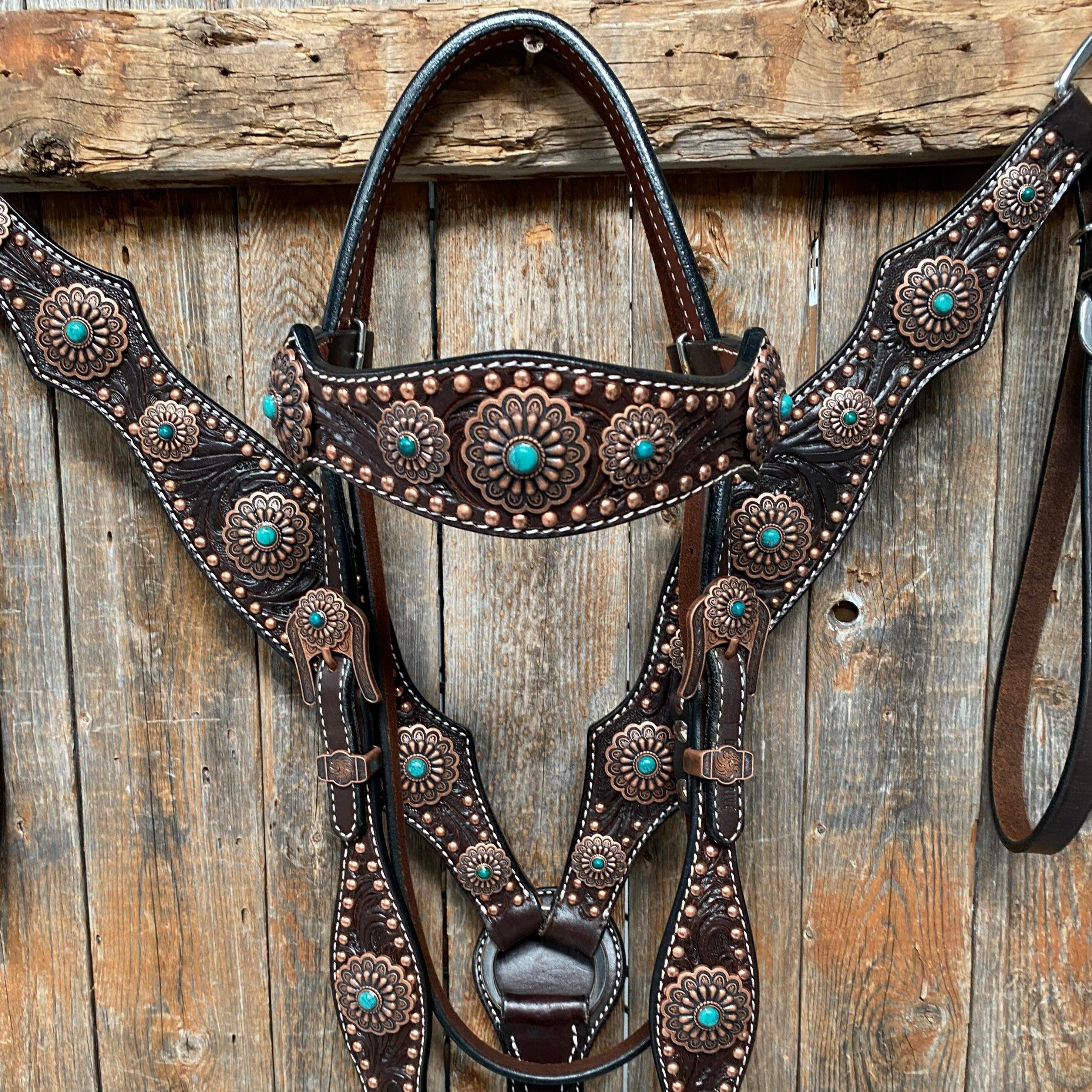 Dark Oil Copper Dot Floral with Turquoise Browband/One Ear Tack Set #BBBC476 - RODEO DRIVE