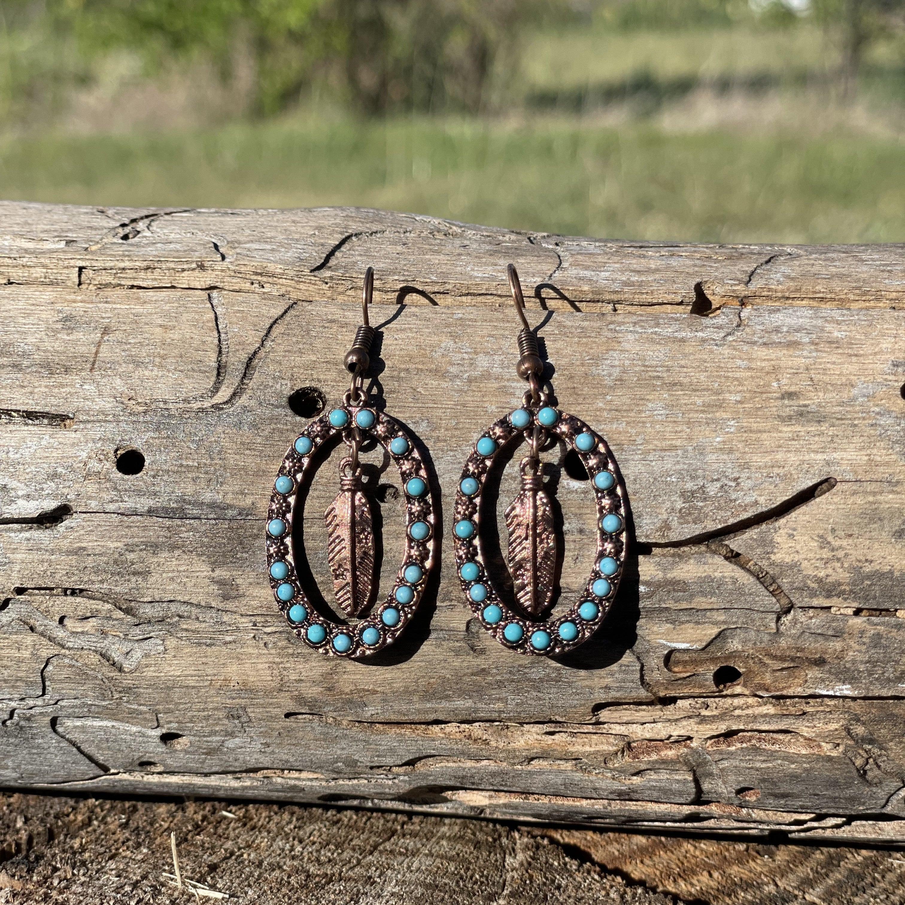 Feather and Turquoise Dangling Copper Fashion Earrings WA175 - RODEO DRIVE
