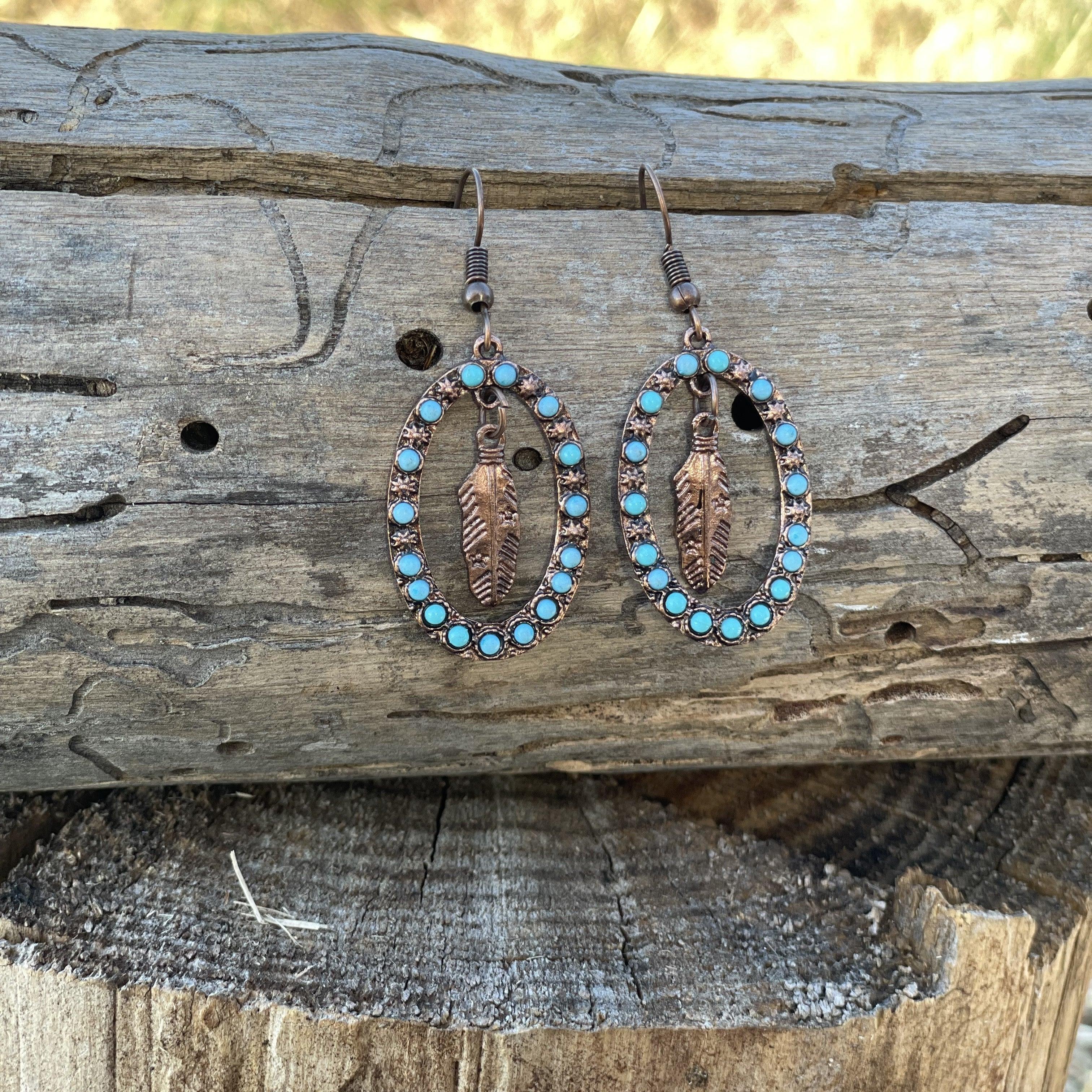 Feather and Turquoise Dangling Copper Fashion Earrings WA175 - RODEO DRIVE
