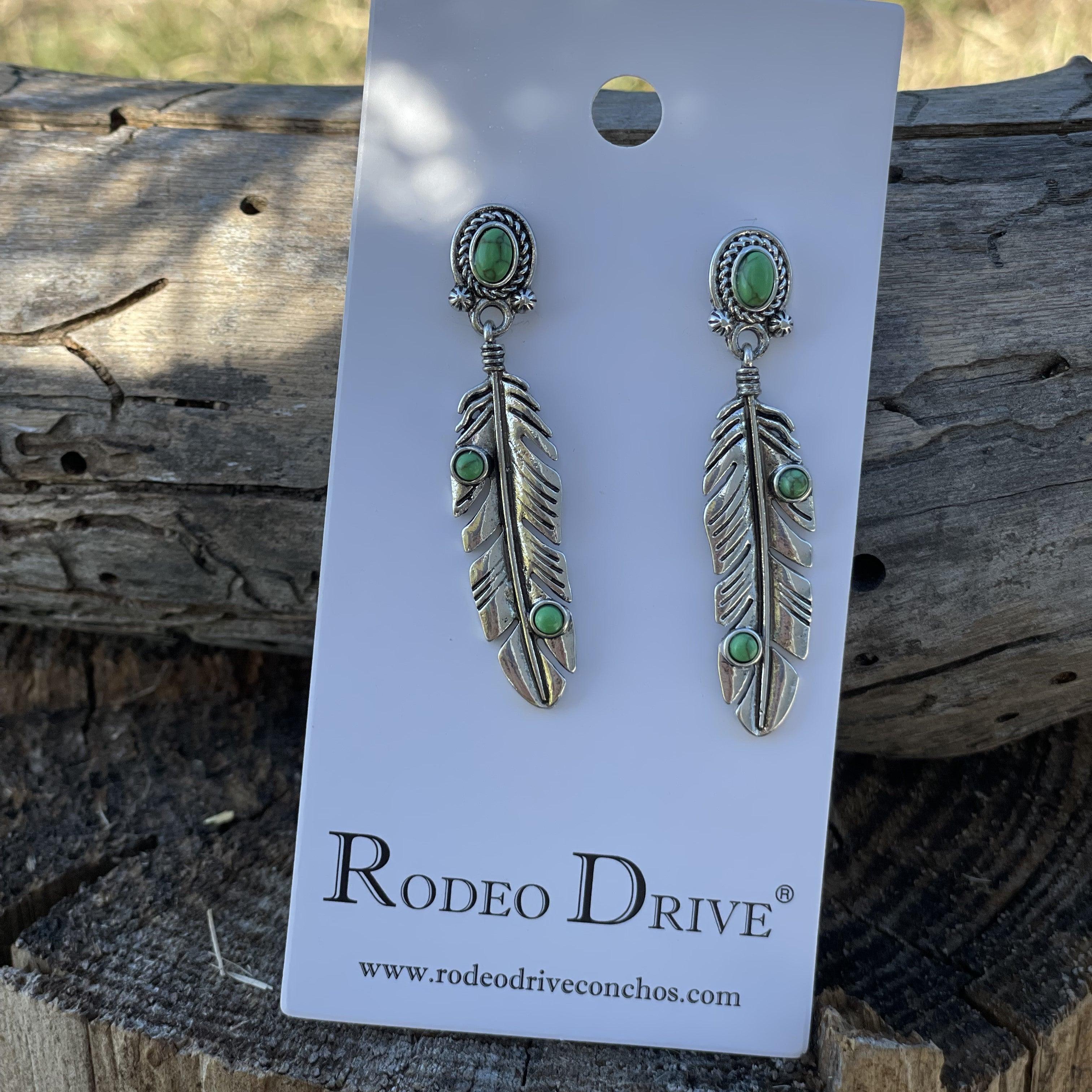Green Feather Dangle Silver Fashion Earrings WA182 - RODEO DRIVE