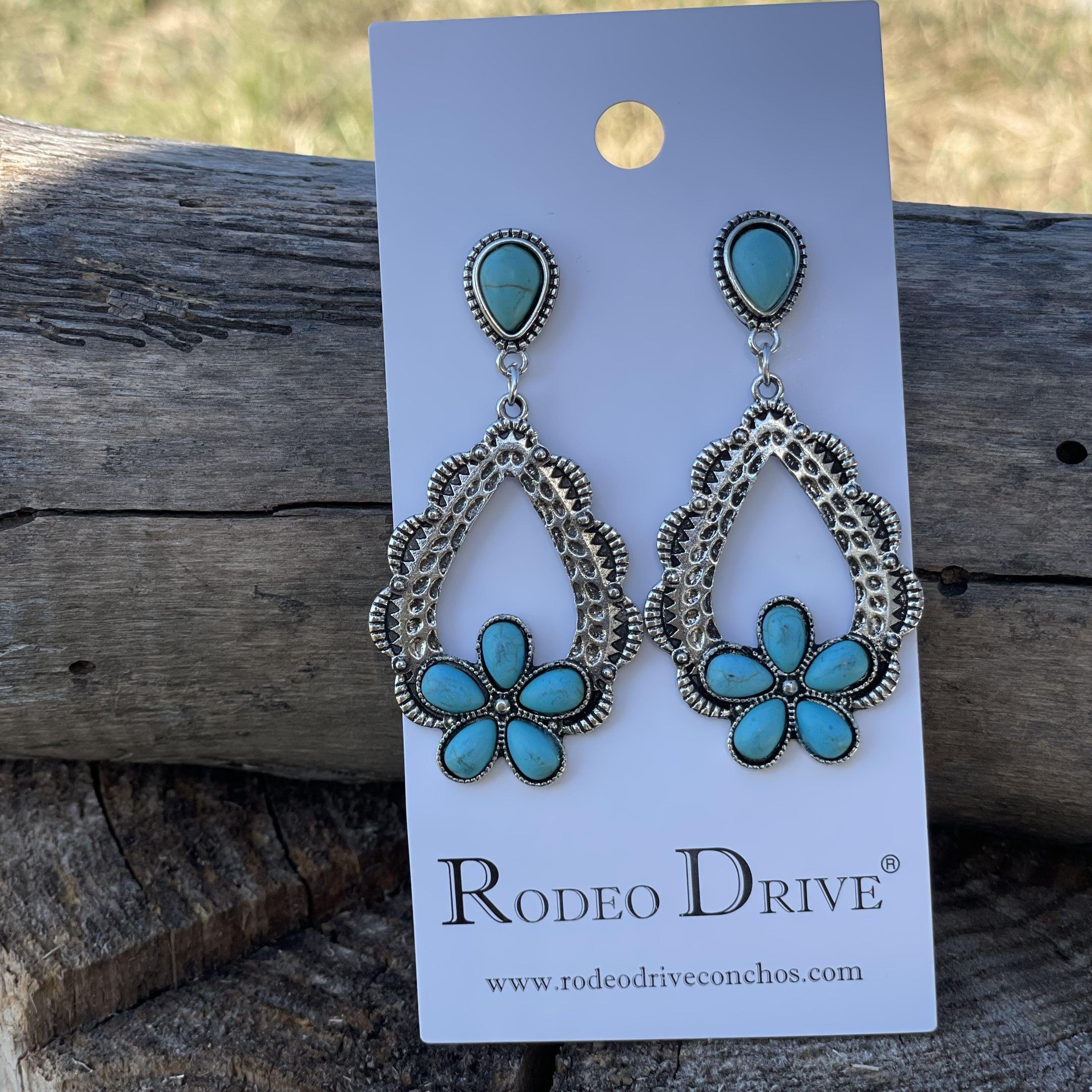 Turquoise Flower Dangle Silver Fashion Earrings WA192 - RODEO DRIVE