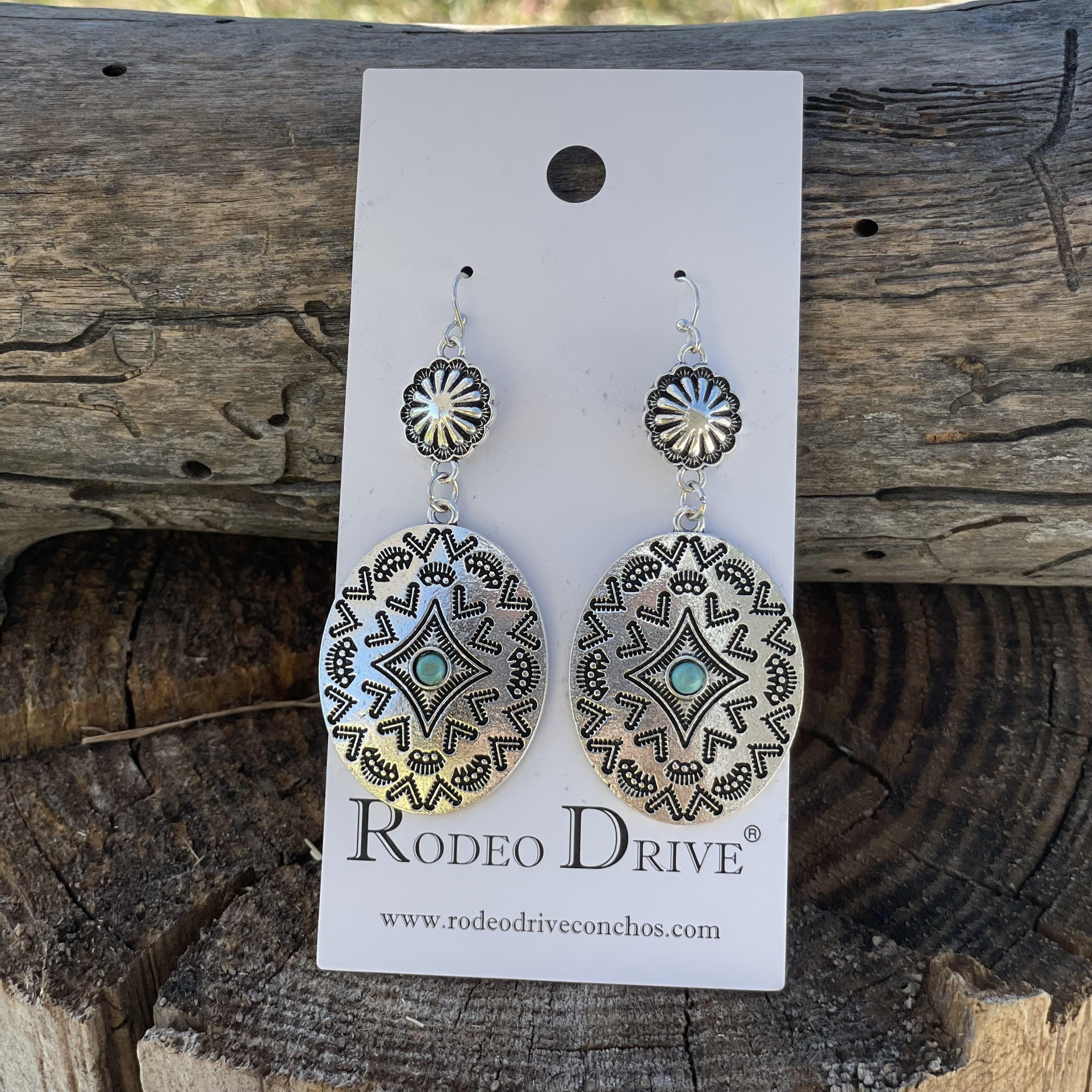 Oval Turquoise Dangle Silver Fashion Earrings WA181 - RODEO DRIVE