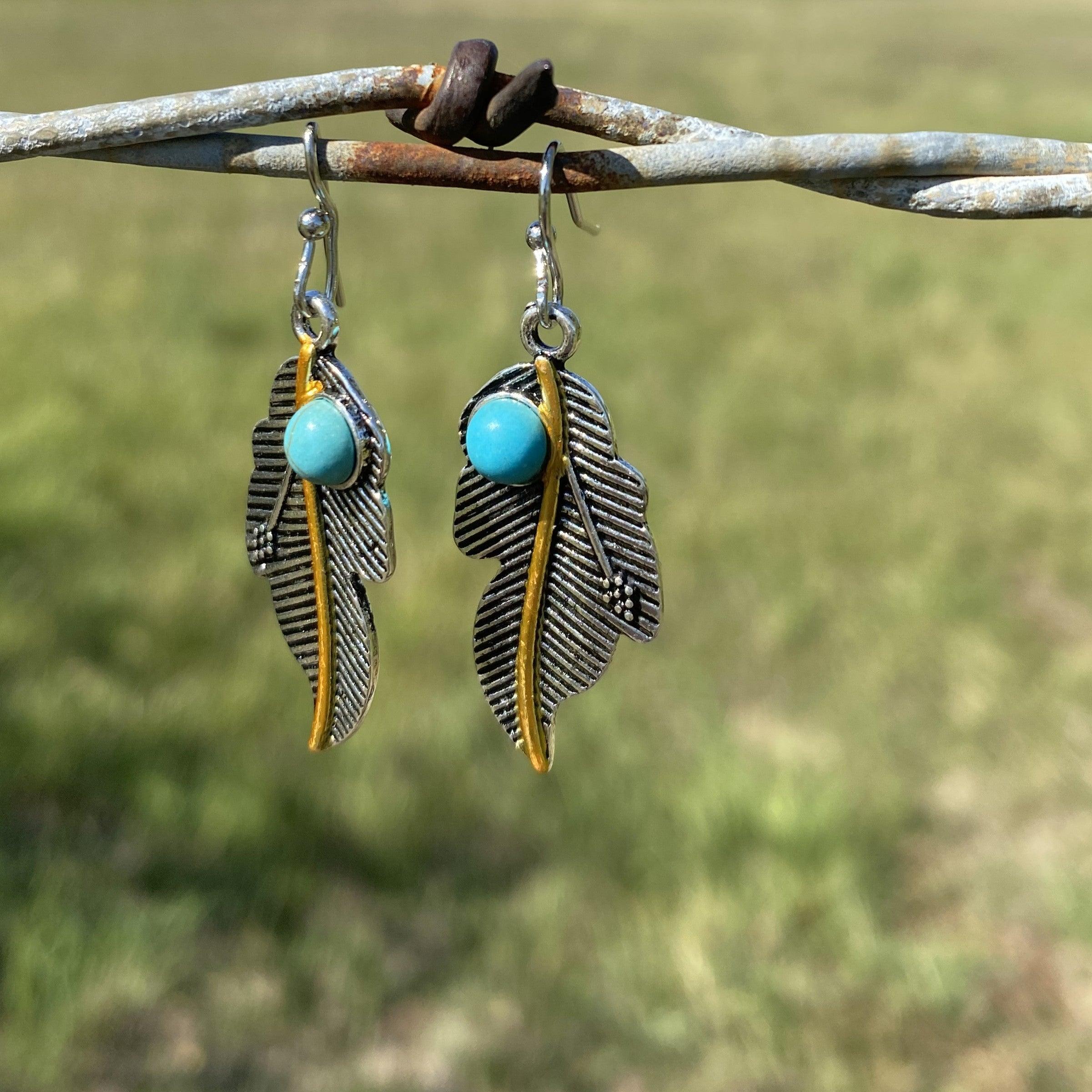 Turquoise Leaves Dangle Silver Fashion Earrings WA185 - RODEO DRIVE