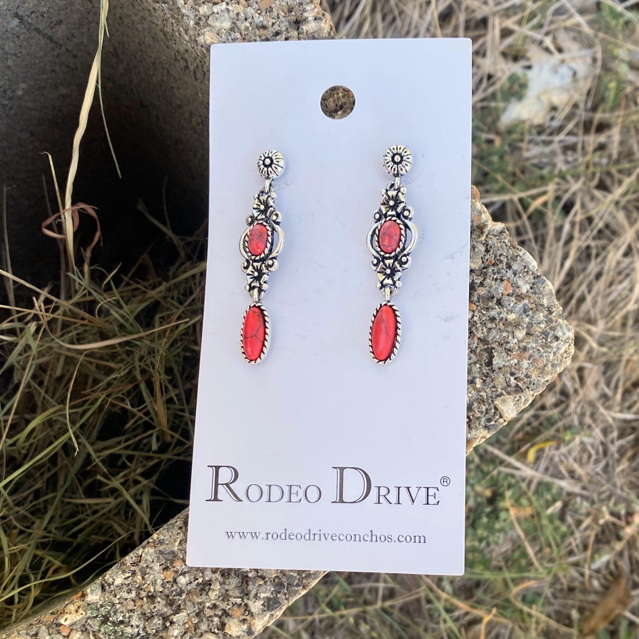 Red Floral Dangle Silver Fashion Earrings WA193 - RODEO DRIVE