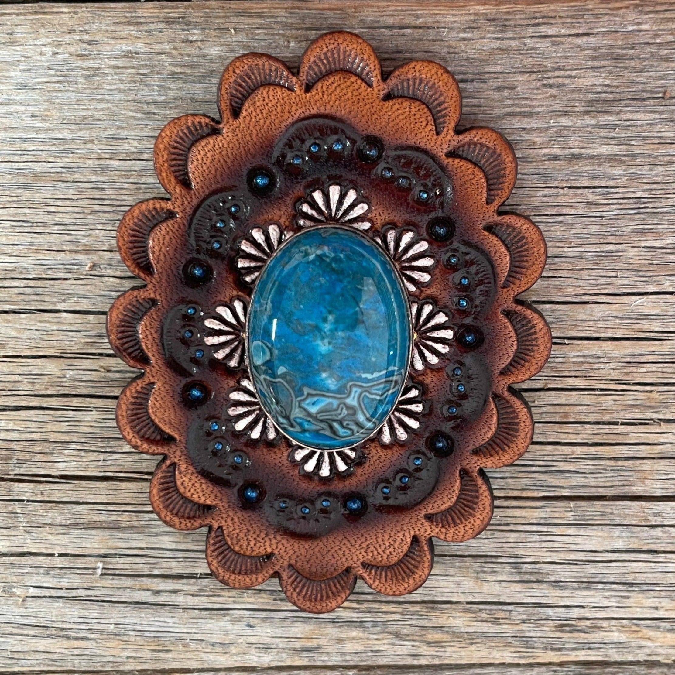Leather Rosette with Blue Cabochon Western Concho R102CABBL - RODEO DRIVE