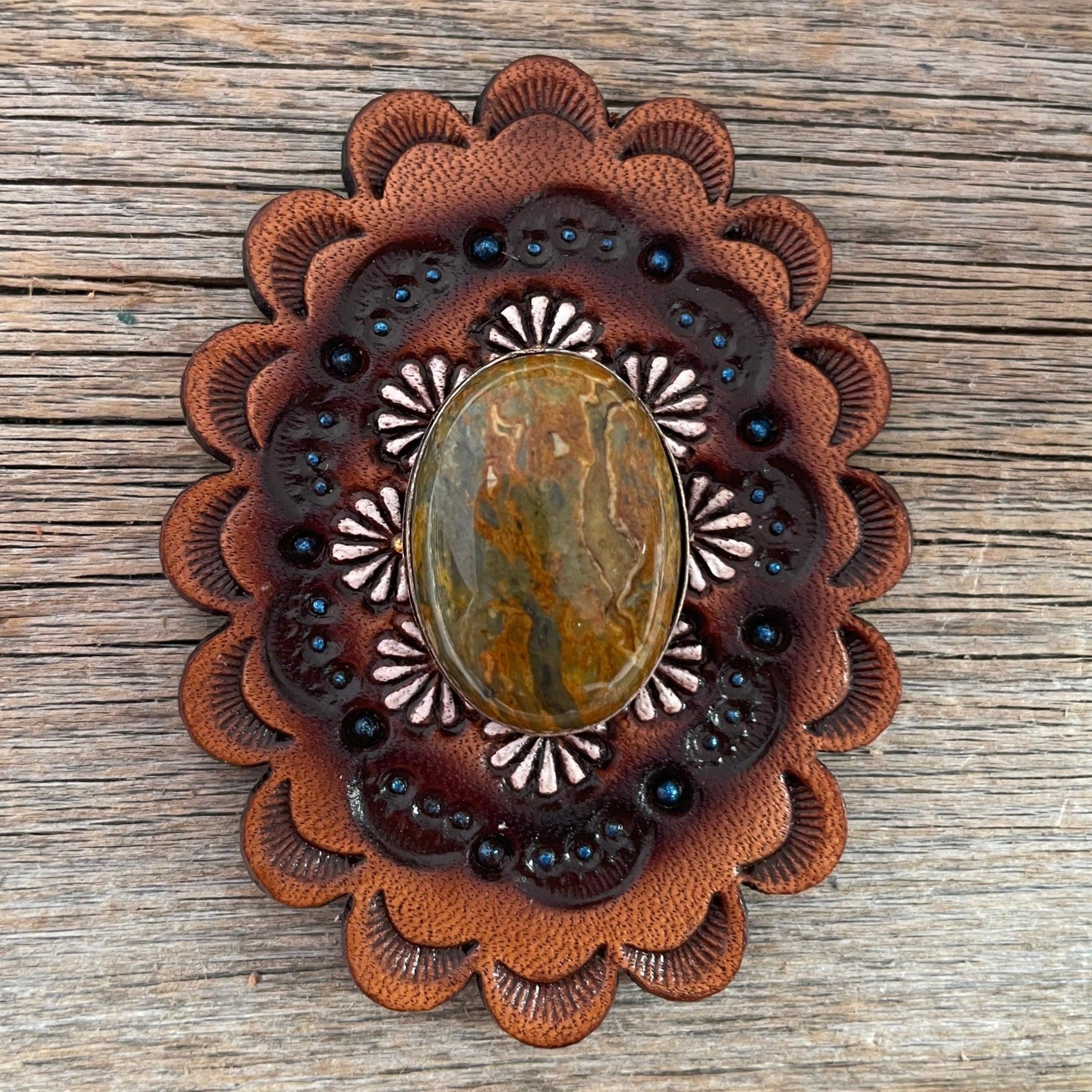 Leather Rosette with Sage Cabochon Western Concho R102CABSG - RODEO DRIVE