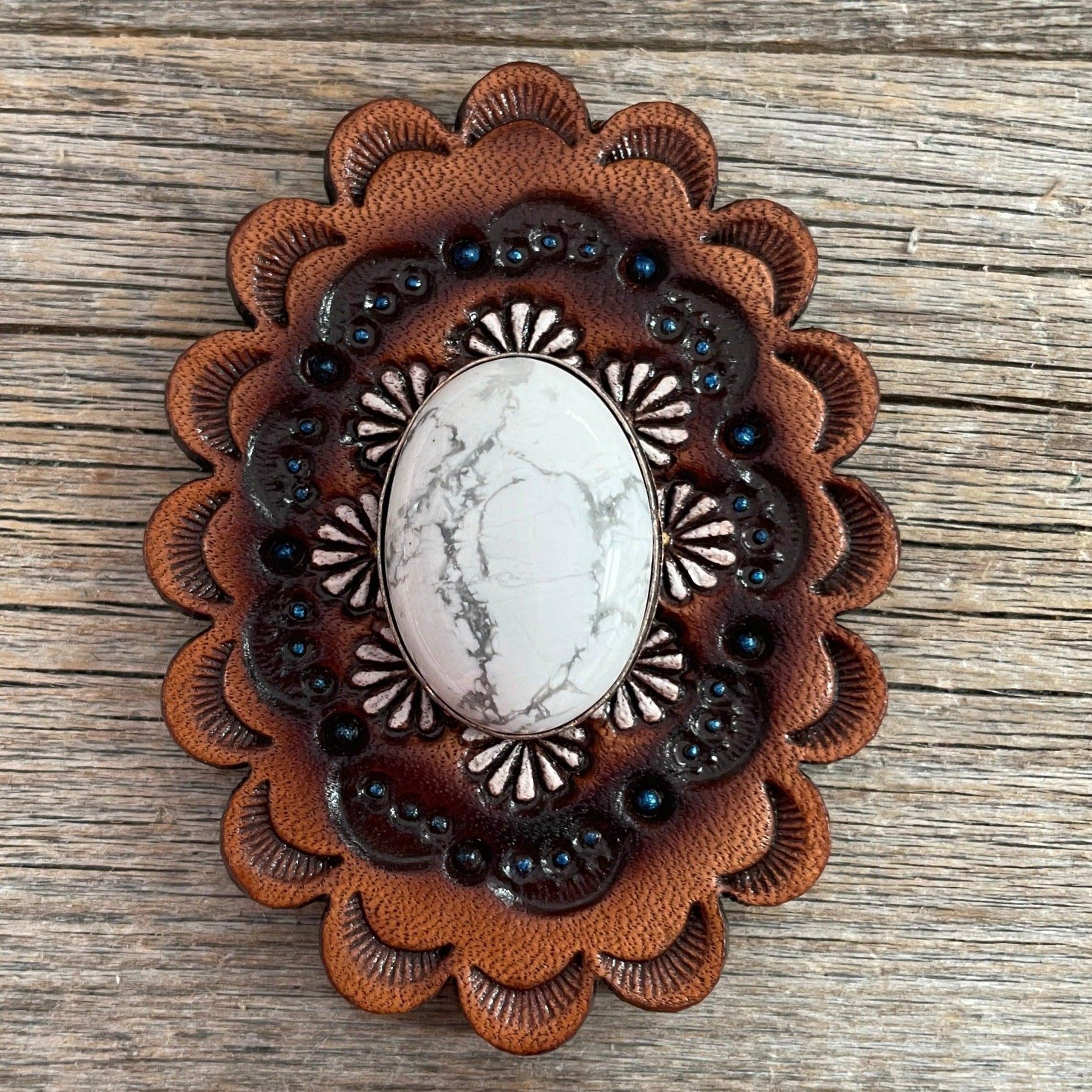 Leather Rosette with White Cabochon Western Concho R102CABWT - RODEO DRIVE