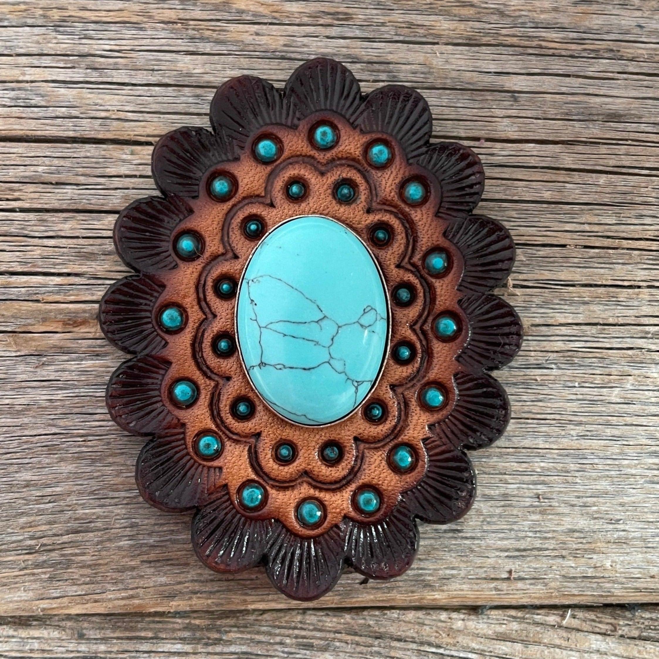 Leather Rosette Dark Oil Edges with Turquoise Cabochon Western Concho R104CABTQ - RODEO DRIVE