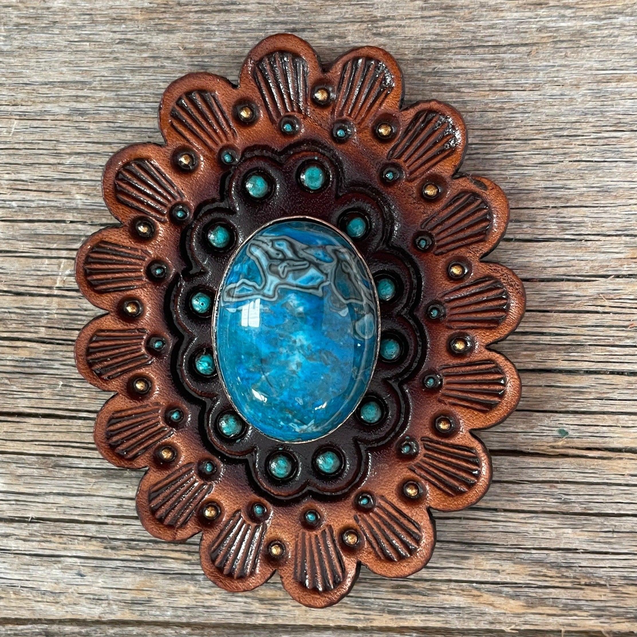 Leather Rosette Medium Oil Edges with Blue Cabochon Western Concho R107CABBL - RODEO DRIVE